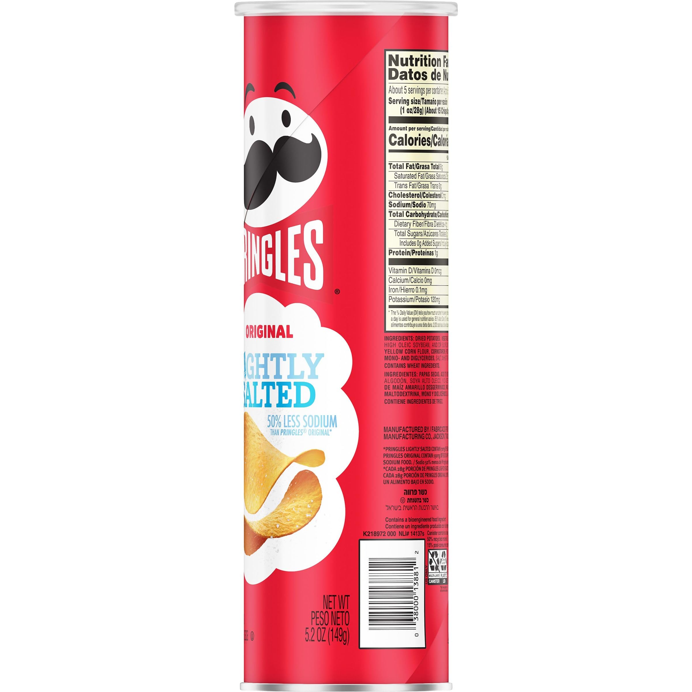 Pringles Lightly Salted Potato Crisps - 5.2oz Can | Crunchy Snacks for Lunch, Office, Travel & On-The-Go | Single Serve Pack (1 Can)