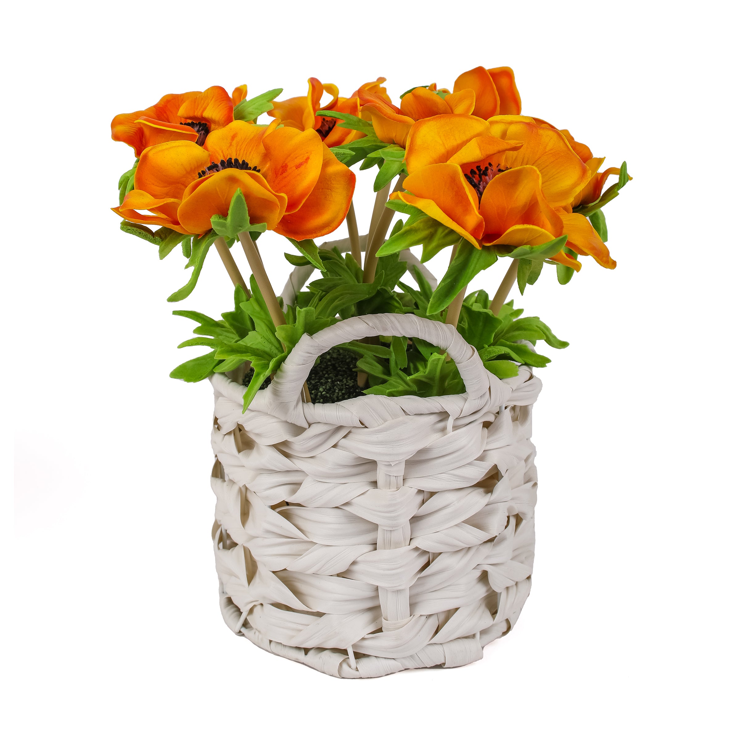 10 Inch Spring Orange Anemone Artificial Flower Bouquet in White Wicker Basket - Perfect for Home Decor, Wedding Centerpieces, and Table Arrangements