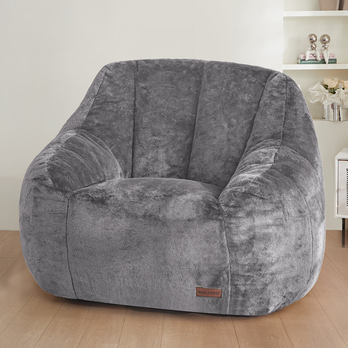 MAXYOYO Faux Fur Bean Bag Chair with High Backrest - Grey, Oversized Comfortable Lounge Chair for Living Room, Bedroom, Dorm, or Game Room - Perfect for Relaxing, Reading, and Gaming