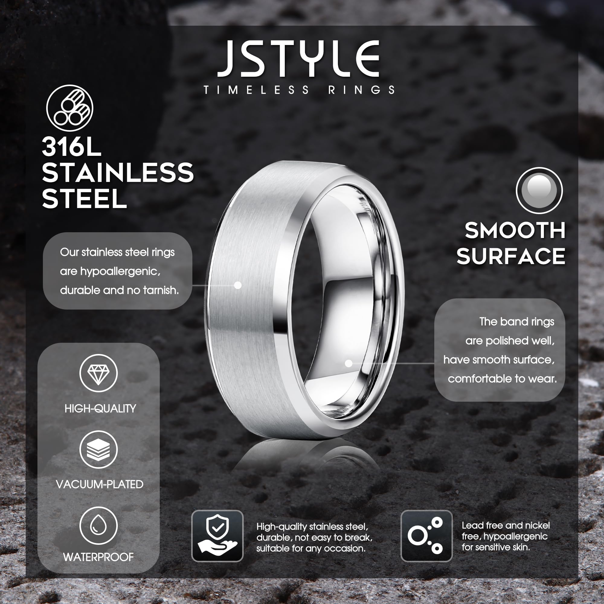 Jstyle 8MM Stainless Steel Wedding Rings for Men - Cool Simple Band Set of 3 Rings | Durable & Hypoallergenic Men's Jewelry for Engagement, Anniversary & Everyday Wear