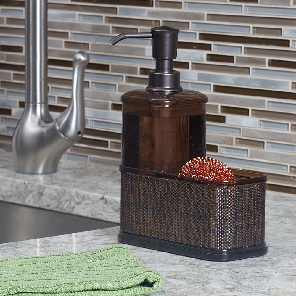 Home Basics 18.6 oz Refillable Soap Dispenser with Basketweave Sponge Holder - Perfect Portion Control in One Pump for Bathroom & Kitchen - Neutral Bronze Color | Ideal for Countertop Organization & Hand Soap Dispensing