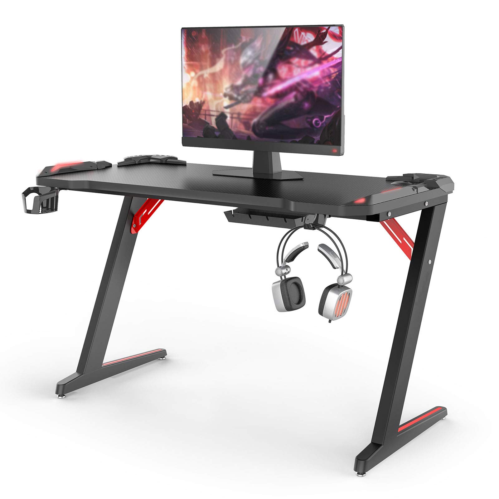 CIKO Z-Shape Ergonomic Gaming Desk with RGB LED Lights - Adjustable Height Computer Table for E-Sports & Home Office Workstation with Headphone Hook - Perfect for Streaming, Gaming & Remote Work Setup