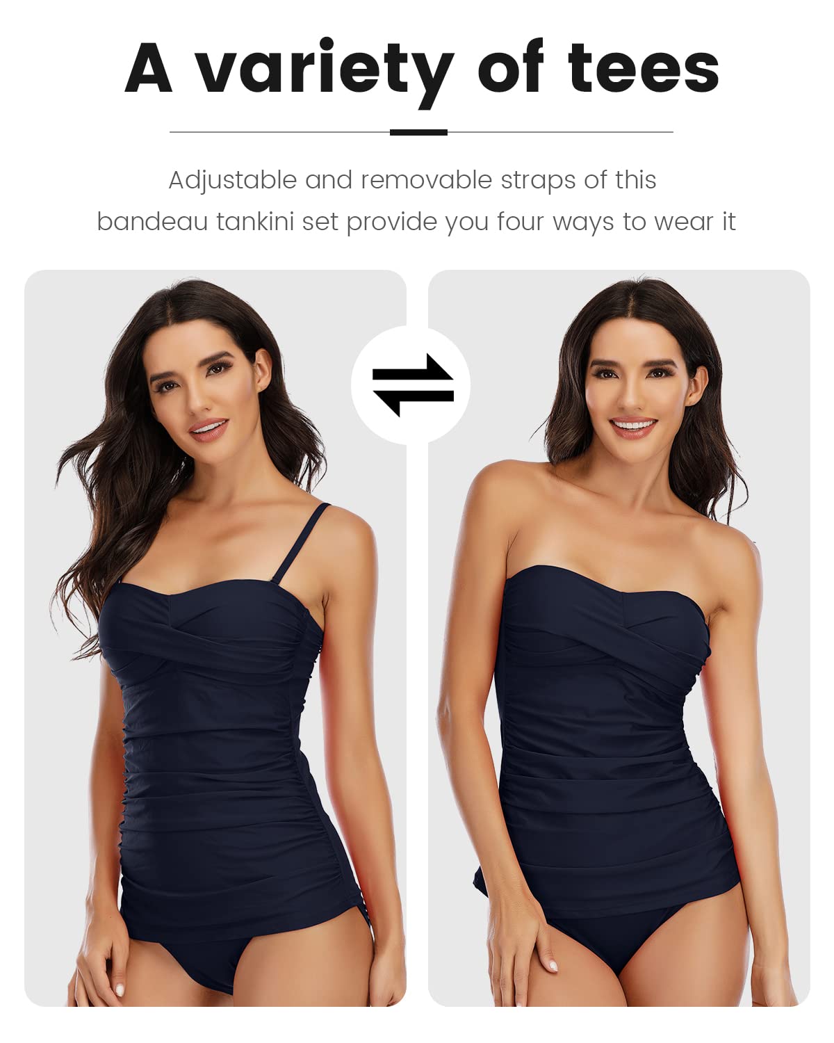 Shuangyu Women's Bandeau Tankini Swimsuits - Ruched Tummy Control Swimwear Top with Mid Waist Briefs | Perfect for Beach Vacation, Pool Party & Summer Swimming