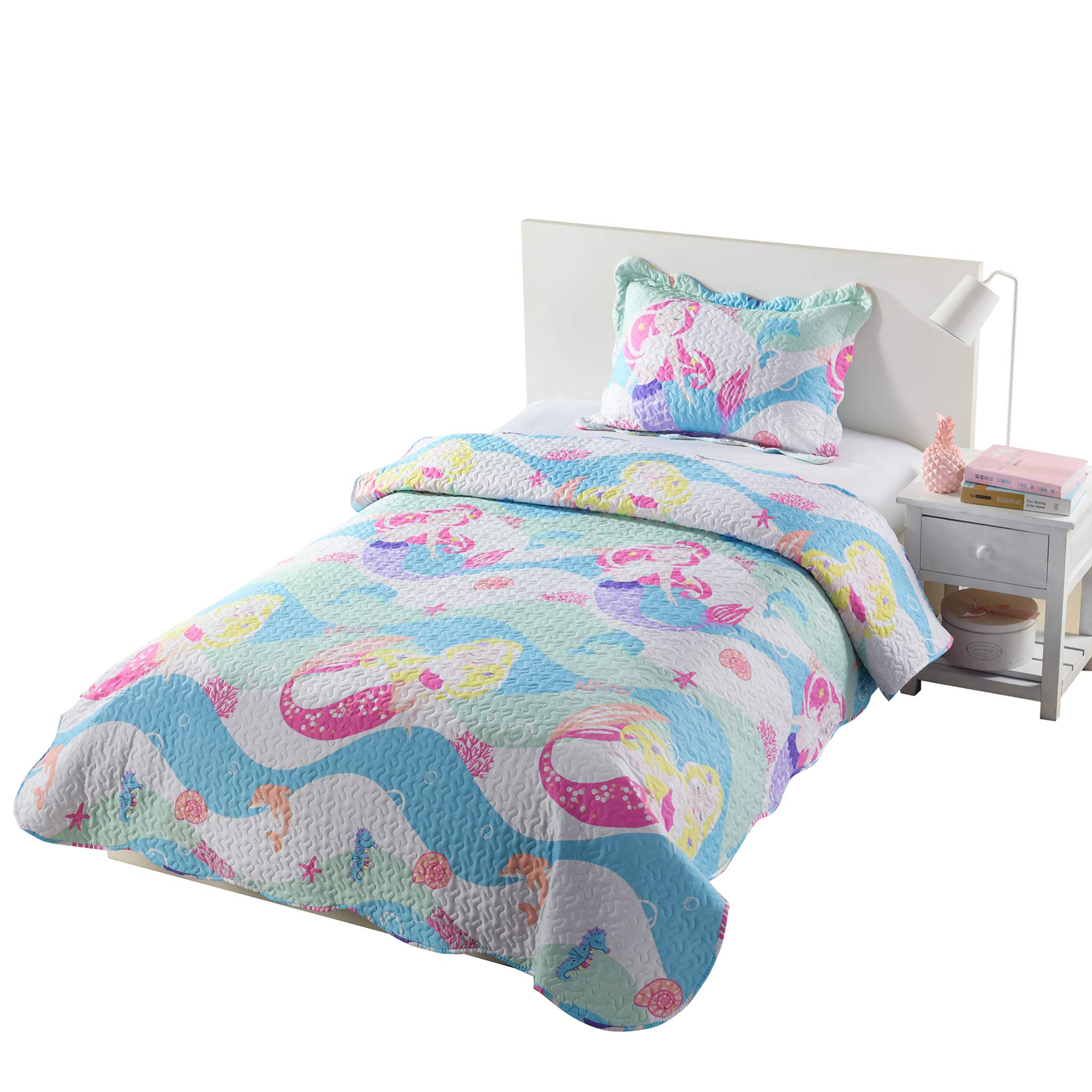 MarCielo 2/3 Piece Kids Bedspread Quilt Set - Twin Size Mermaid Printed Comforter & Throw Blanket for Boys & Girls - Soft Bedding Coverlet for Teens' Room Decor, Sleepovers, and Cozy Nap Time