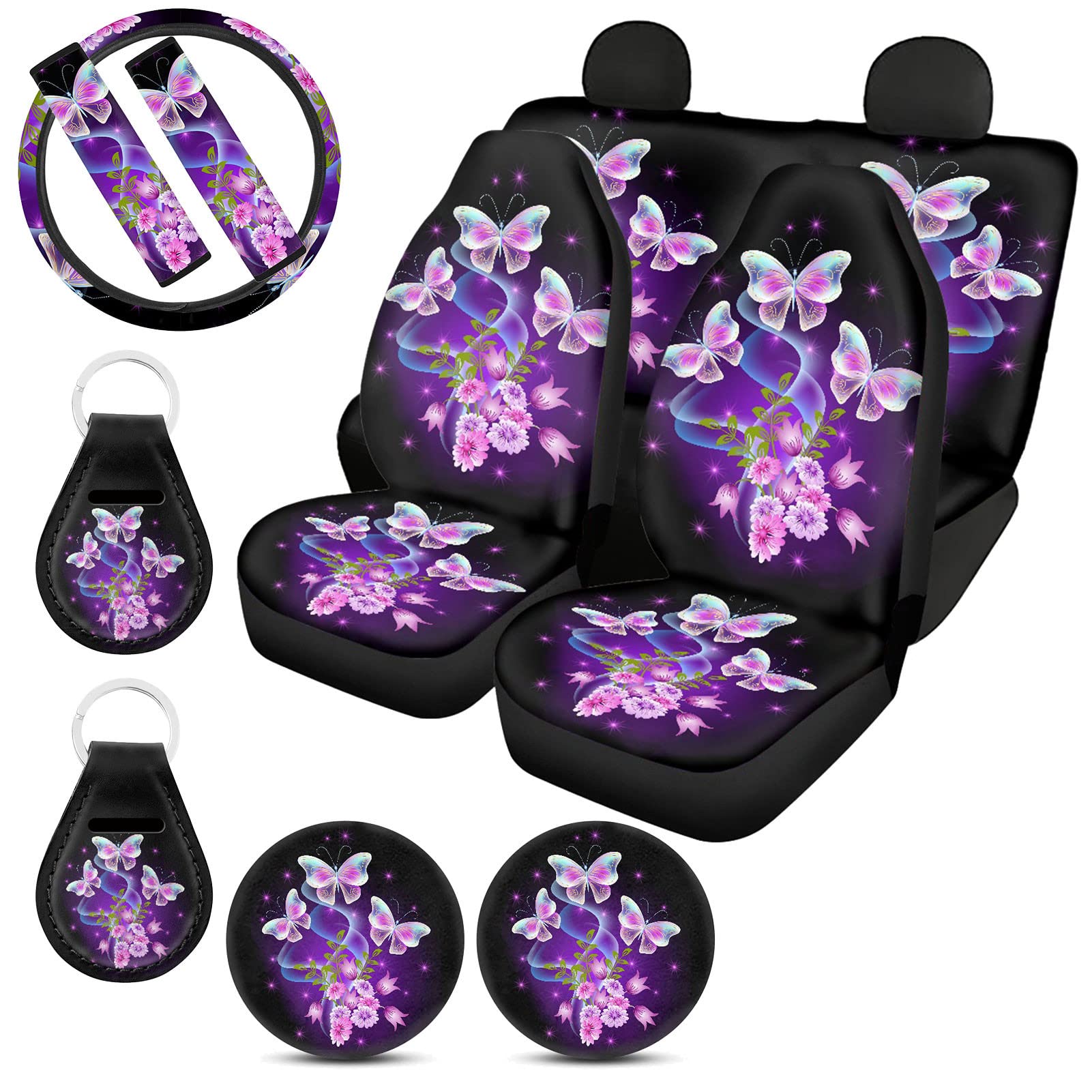 BYCHECAR Rose Floral Car Seat Covers Full Set for Women - Butterfly Design Steering Wheel Cover, Seat Belt Cushion, Car Coasters & Keychain - Universal Fit for Sedan, SUV, Truck Front & Back Seats - Perfect for Daily Commute, Road Trips & Gift Giving
