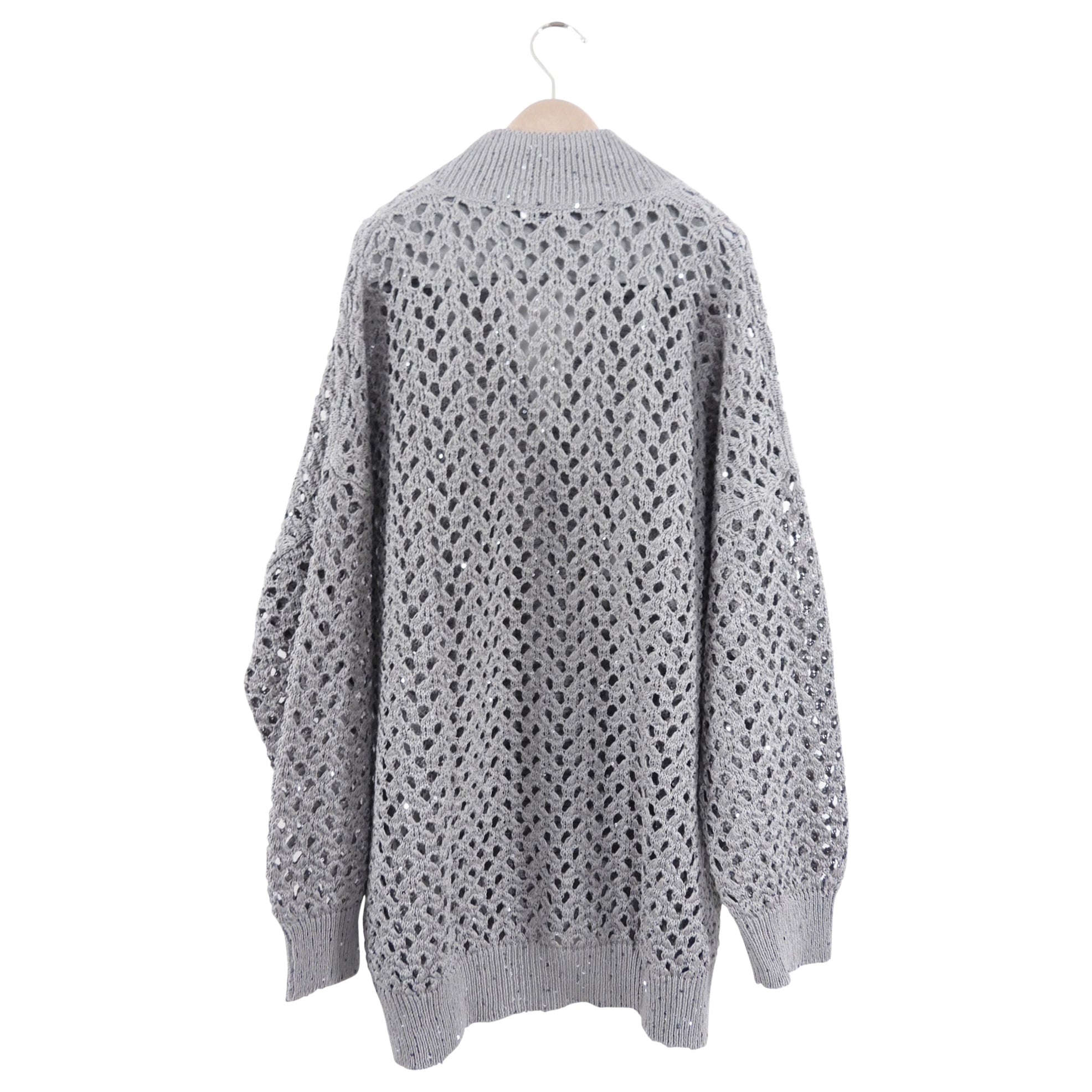 Brunello Cucinelli Grey Open Knit Sequin Cardigan Sweater for Women - Elegant Loose Fit Cashmere Blend Cardigan for Office, Party & Evening Wear