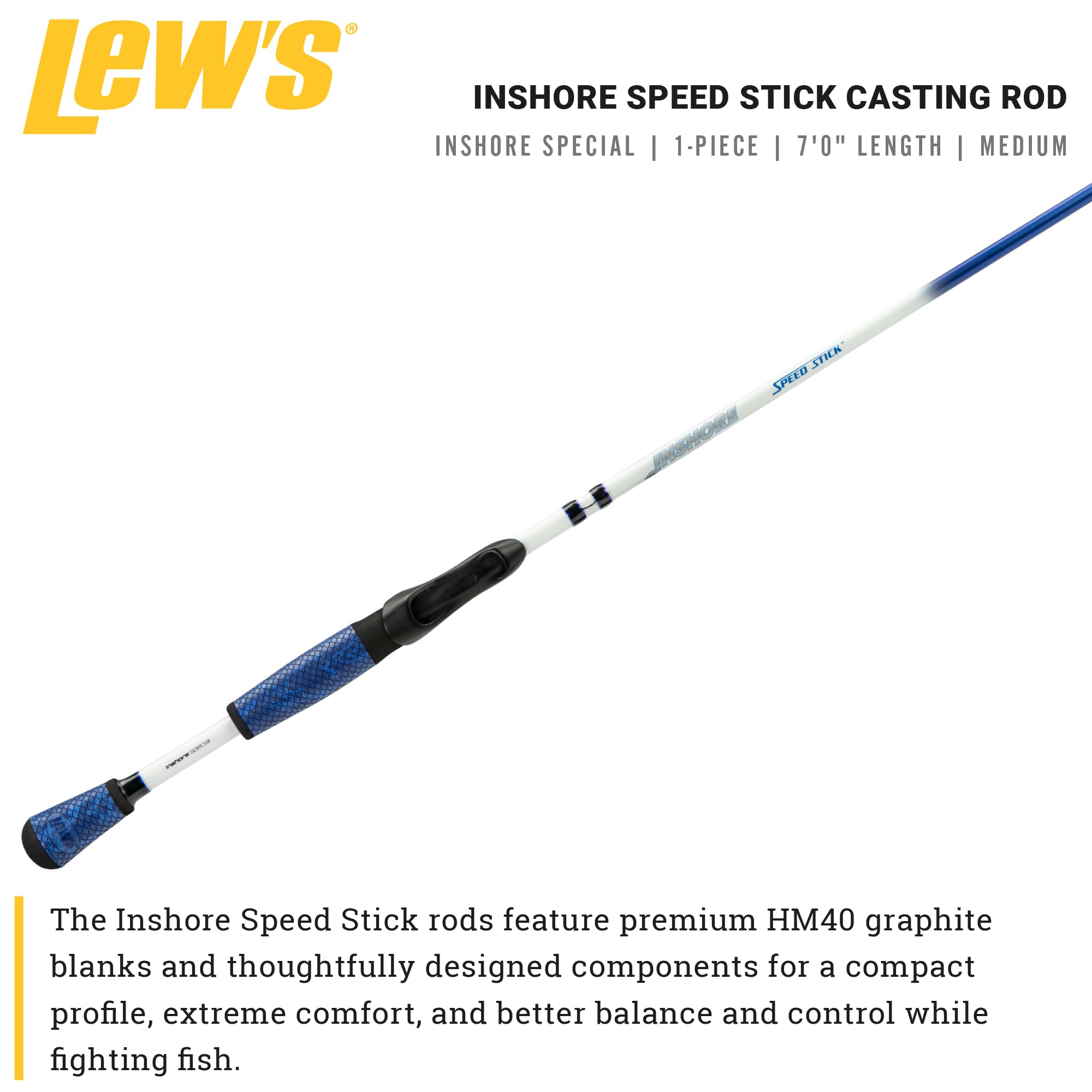 Lew's Inshore Speed Stick Casting Fishing Rod - HM40 Graphite Blank with Stainless Steel Guides & Winn Dri-Tac Split Grip Handle | Saltwater & Freshwater Fishing Rod for Bass, Trout, and Redfish | Perfect for Shore Fishing, Kayak Fishing, and Boat Fishing