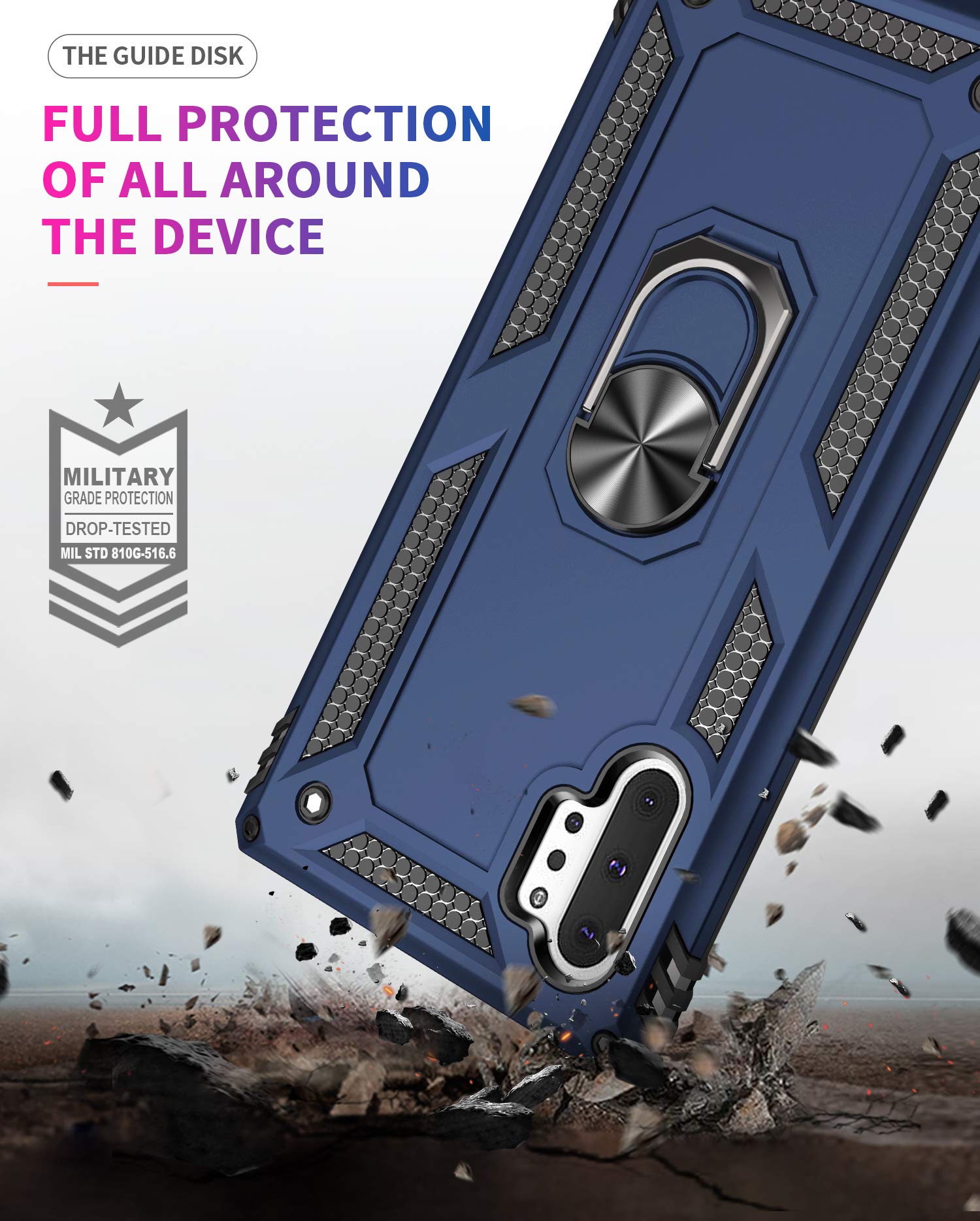Samsung Galaxy Note 10 Plus Case with HD Screen Protector - Military-Grade Shockproof Cover with Metal Ring Holder Stand | Drop Tested Protection for Note 10+/5G (Blue) | Perfect for Work, Travel & Outdoor Activities