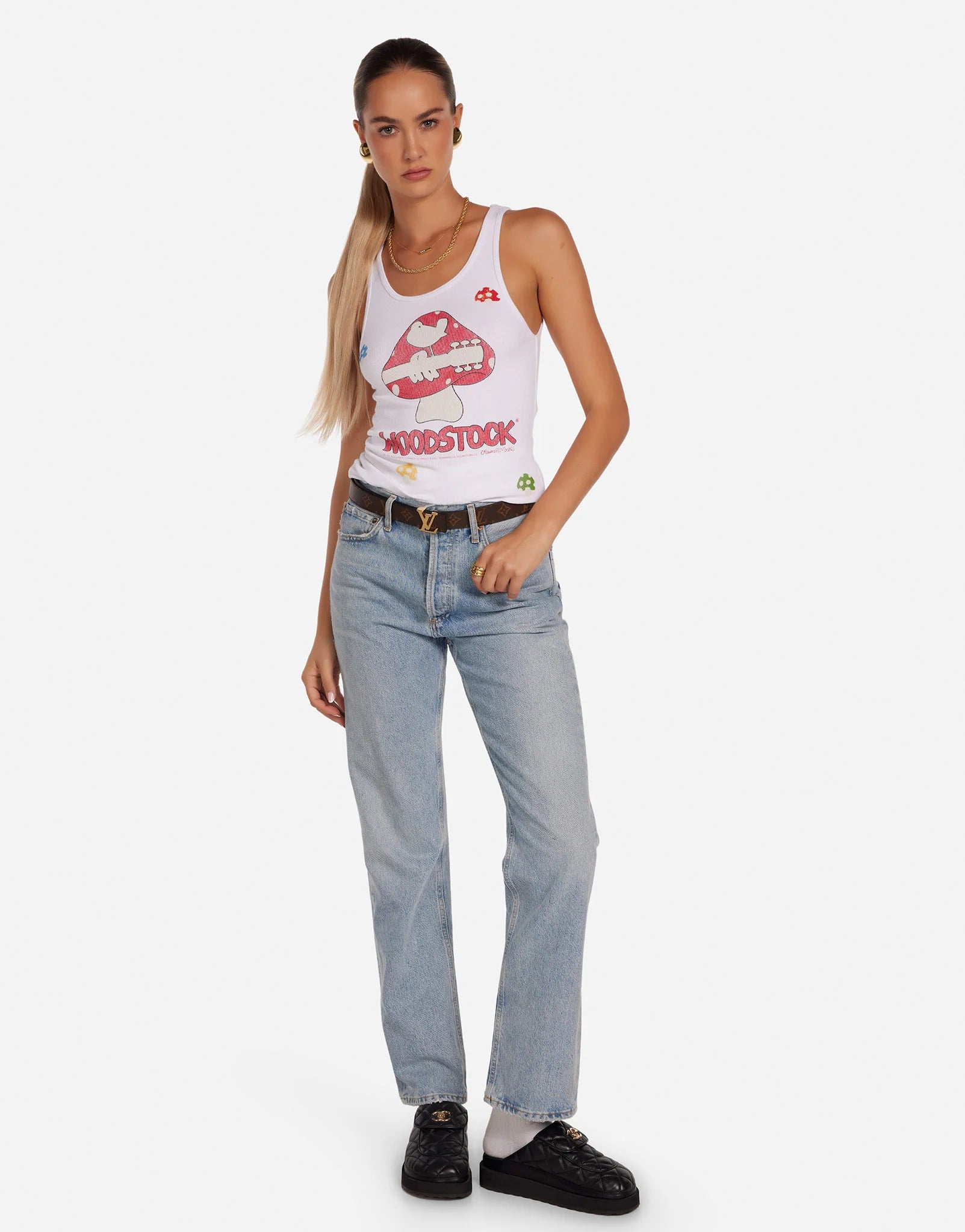 Esmeralda Woodstock Shrooms Tank Top - White | Women's Casual Boho T-Shirt for Summer, Festivals & Beach Outfits
