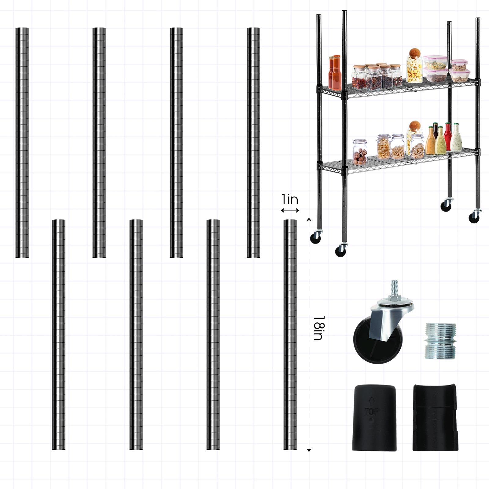 4-Pack Chrome Wire Shelving Poles with 50 Plastic Shelf Clips & Caster Wheels - 74 Inch Heavy Duty Replacement Posts for Wire Shelving Rack Accessories | Garage Storage, Pantry Organization, Retail Display
