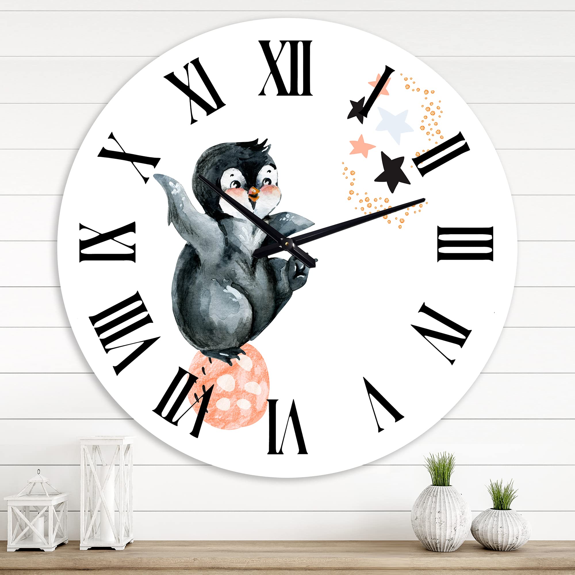 Farmhouse Wall Clock - Little Penguin with Stars & Planets Design, Large Animal Wall Decor for Living Room, Kitchen, Bedroom - Perfect for Home & Office Décor