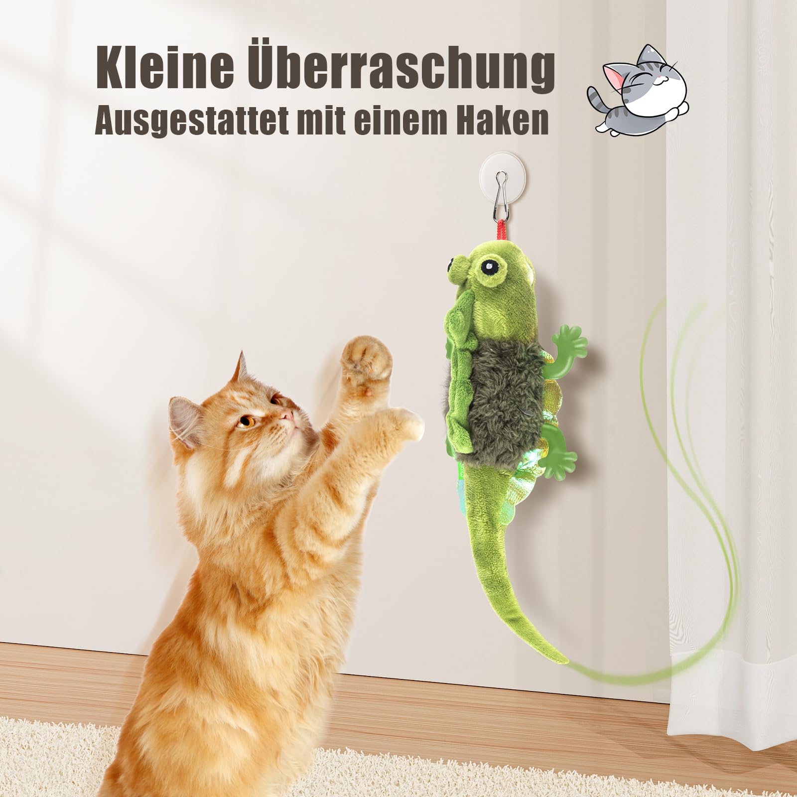Migipaws Interactive Cat Toys - Touch Activated Flapping Chirping Lizard Kitten Toy with Catnip | Rechargeable Battery | Indoor Play & Exercise for Kittens & Adult Cats (Green)