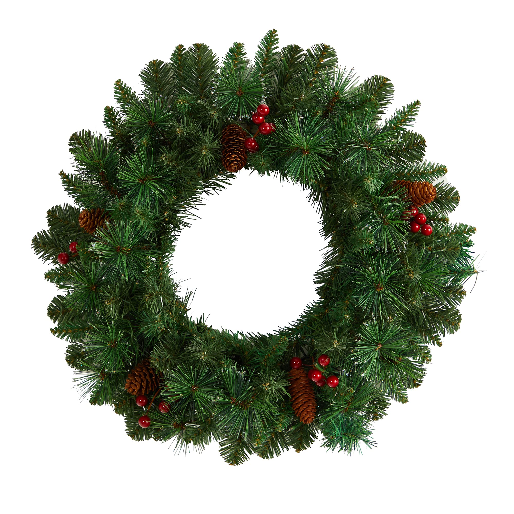 Nearly Natural 20-Inch Frosted Pine Artificial Christmas Wreath with Pinecones, Berries & 35 Warm White LED Lights - Holiday Home Decor for Front Door, Fireplace & Indoor/Outdoor Use