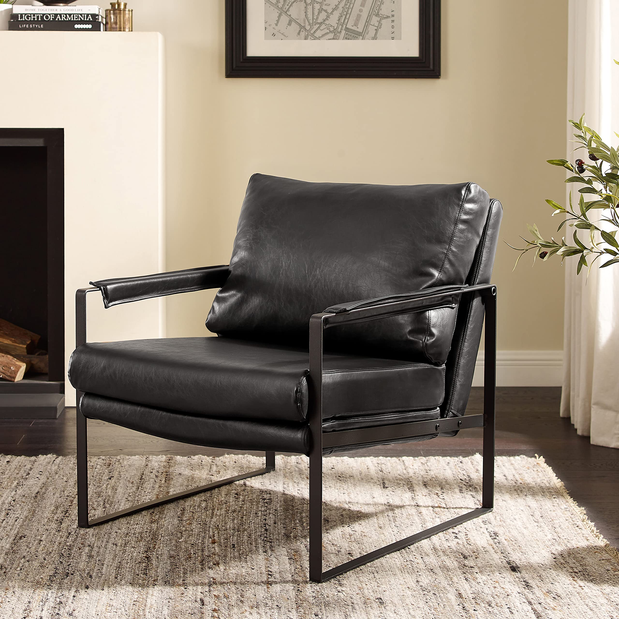 Art Leon Mid Century Modern Accent Chair - Faux Leather Armchair with Black Metal Legs - Compact Lounge Side Chair for Living Room, Bedroom & Small Spaces (Black) - Perfect for Reading Nooks, Home Offices & Apartment Decor