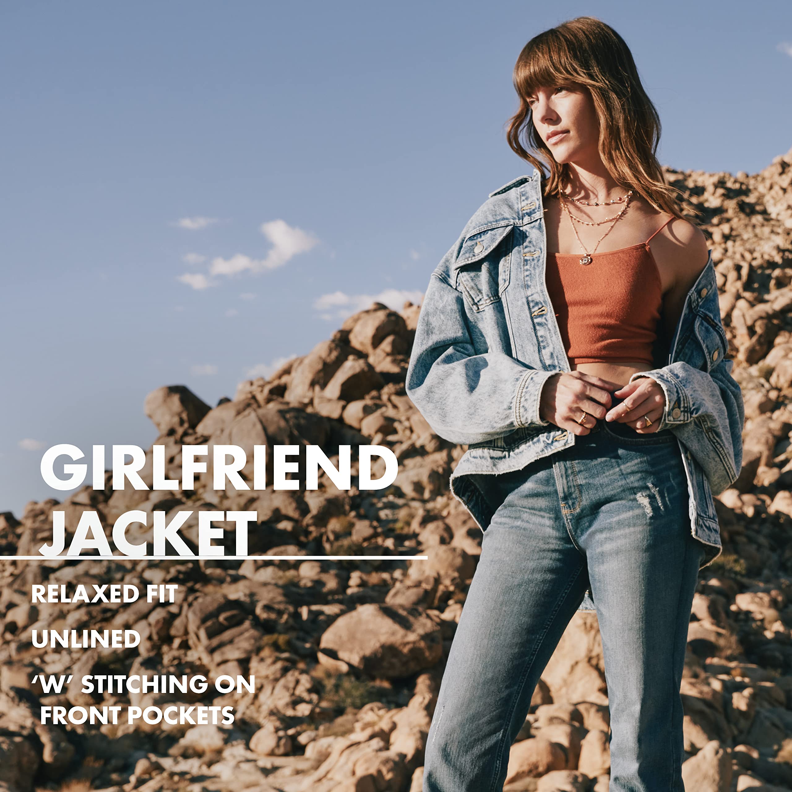 Wrangler Women's Relaxed Fit Girlfriend Denim Jacket | Vintage Style Denim Jacket for Women | Casual Outerwear for Everyday Wear, Date Night & Fall Fashion
