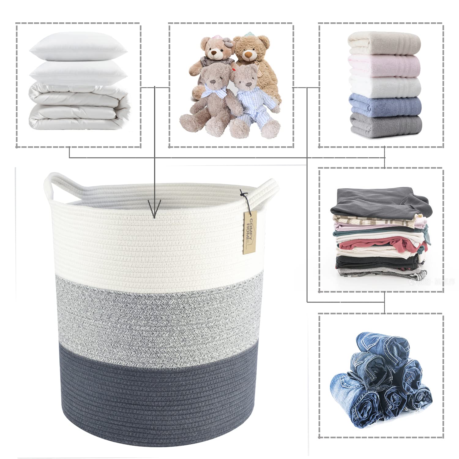 COMFY-HOMI XXL Large Laundry Basket with Handles - Woven Cotton Rope Storage Organizer for Blankets, Toys & Clothes (16”x18”, 3-Tone Grey) | Perfect for Nursery, Living Room & Pet Toy Storage