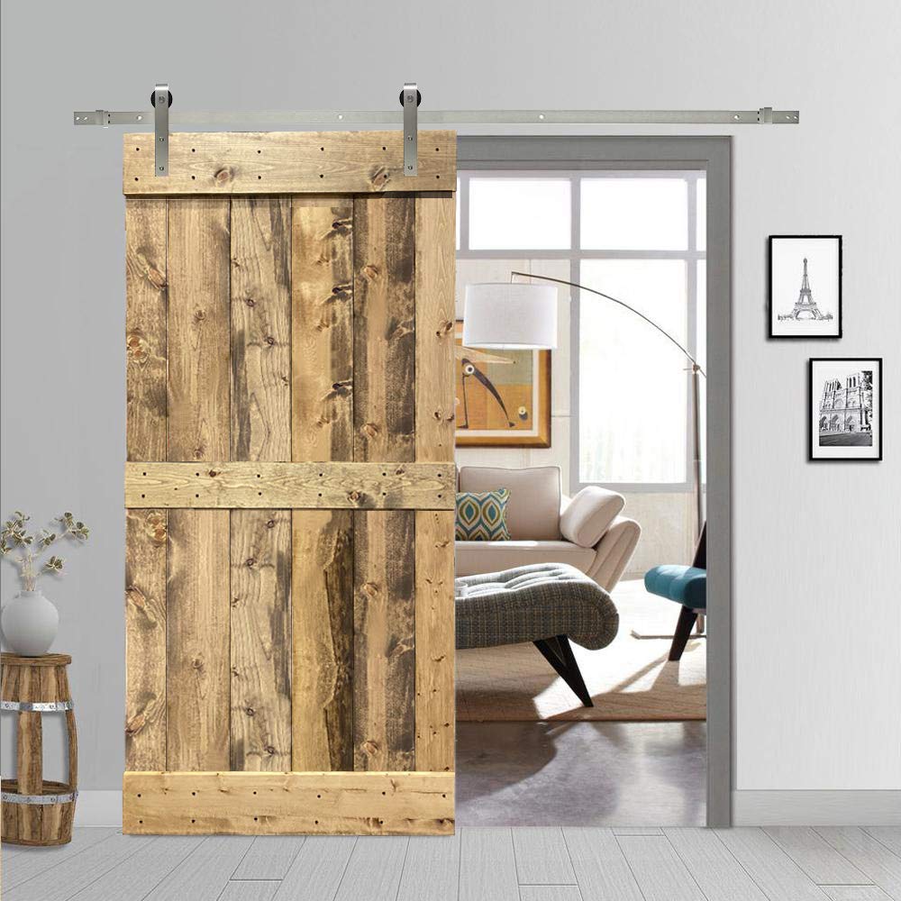 TMS Paneled Wood Weather Oak Stained Mid-Bar DIY Barn Door with Sliding Hardware Kit - Perfect for Bedroom, Closet, or Farmhouse Style Home Decor