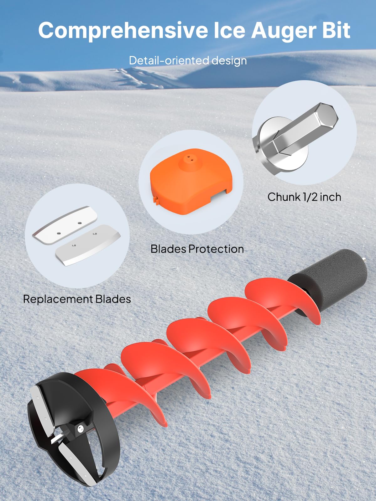 Eyoyo 6-8 Inch Ice Auger Bit with Replacement Blades & Protector - 1/2 Inch Drill Adapter for Ice Fishing - Durable Nylon Auger for Winter Fishing & Outdoor Adventures