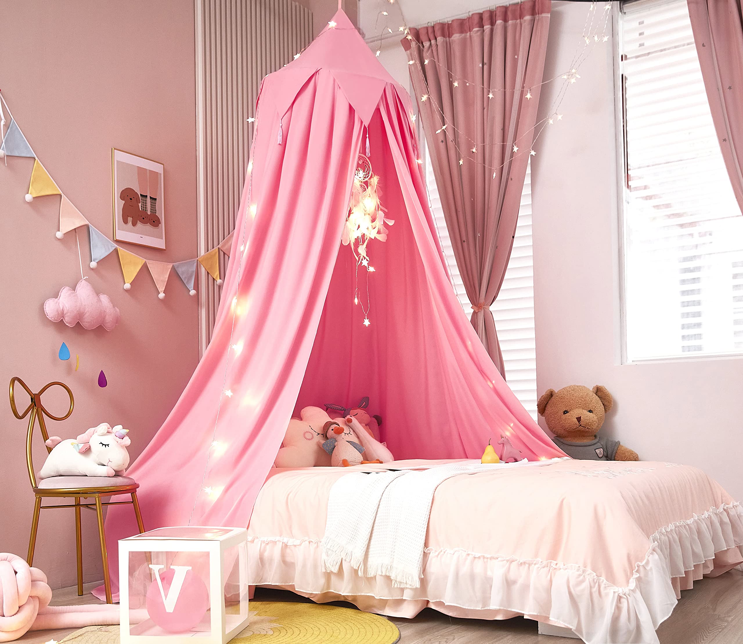 **Akiky Pink Princess Bed Canopy for Girls - Kids Castle Play Tent with LED Lights & Dream Catcher - Perfect for Bedroom Decor, Reading Nook, and Imaginative Play**