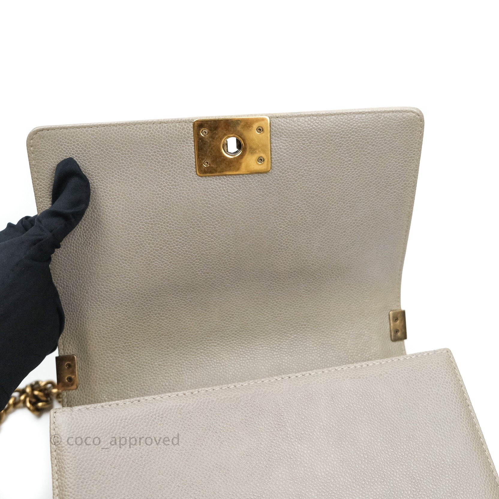 Chanel Boy Quilted Medium Handbag in Taupe Grey Caviar Leather with Gold Hardware - Perfect for Work, Evening Events & Luxury Fashion Accessories