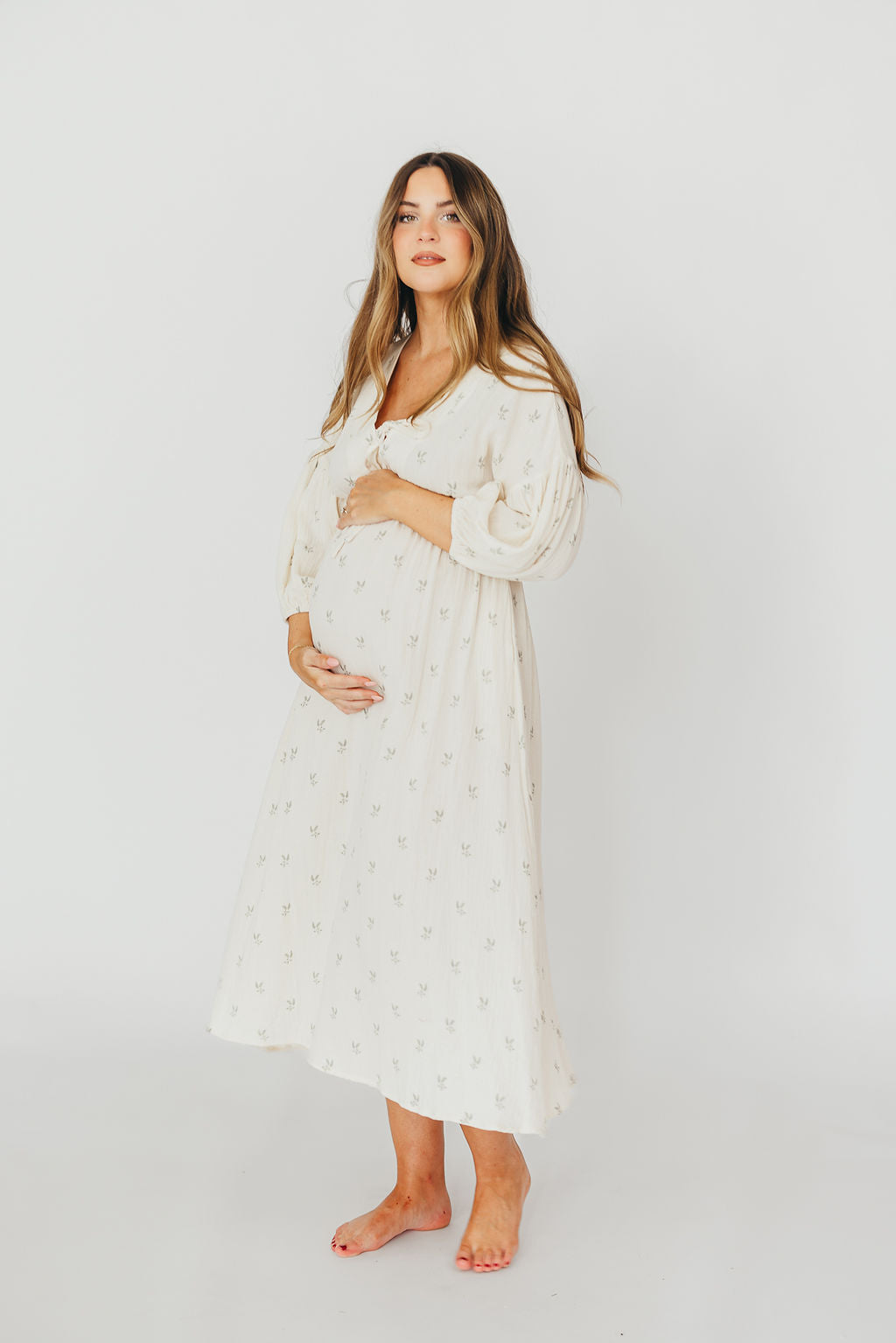 Hunter 100% Cotton Gauze Midi Dress in Soy/Sage Foliage - Bump Friendly Maternity Dress, Inclusive Sizing (XS-3X) - Perfect for Summer, Beach, and Boho Style Outfits