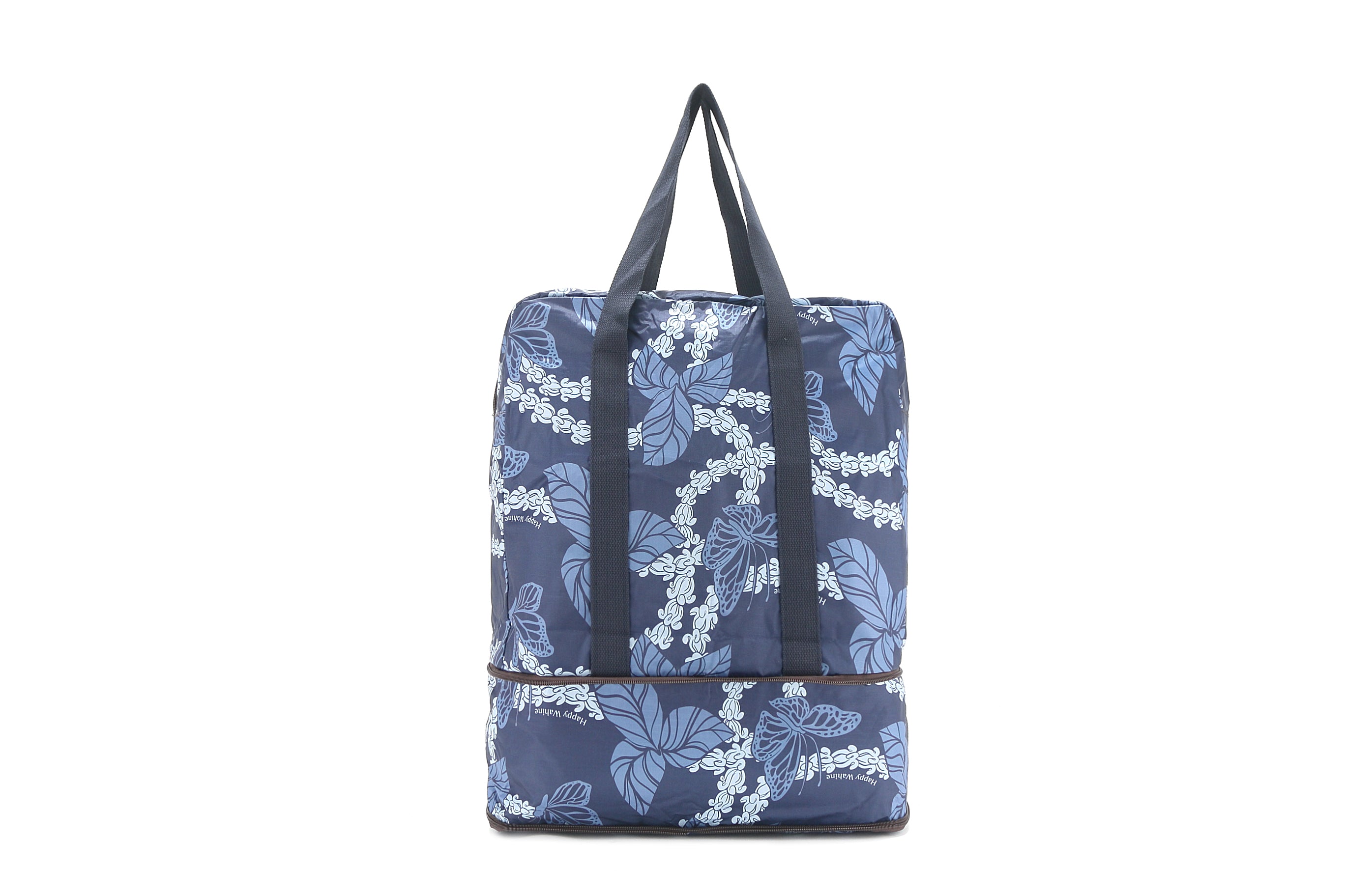 Foldable Duffle Bag for Travel & Gym - Waterproof Carry On Luggage with Shoulder Strap - Sophie Butterfly Lei Navy Design - Perfect for Weekend Getaways, Sports & Business Trips