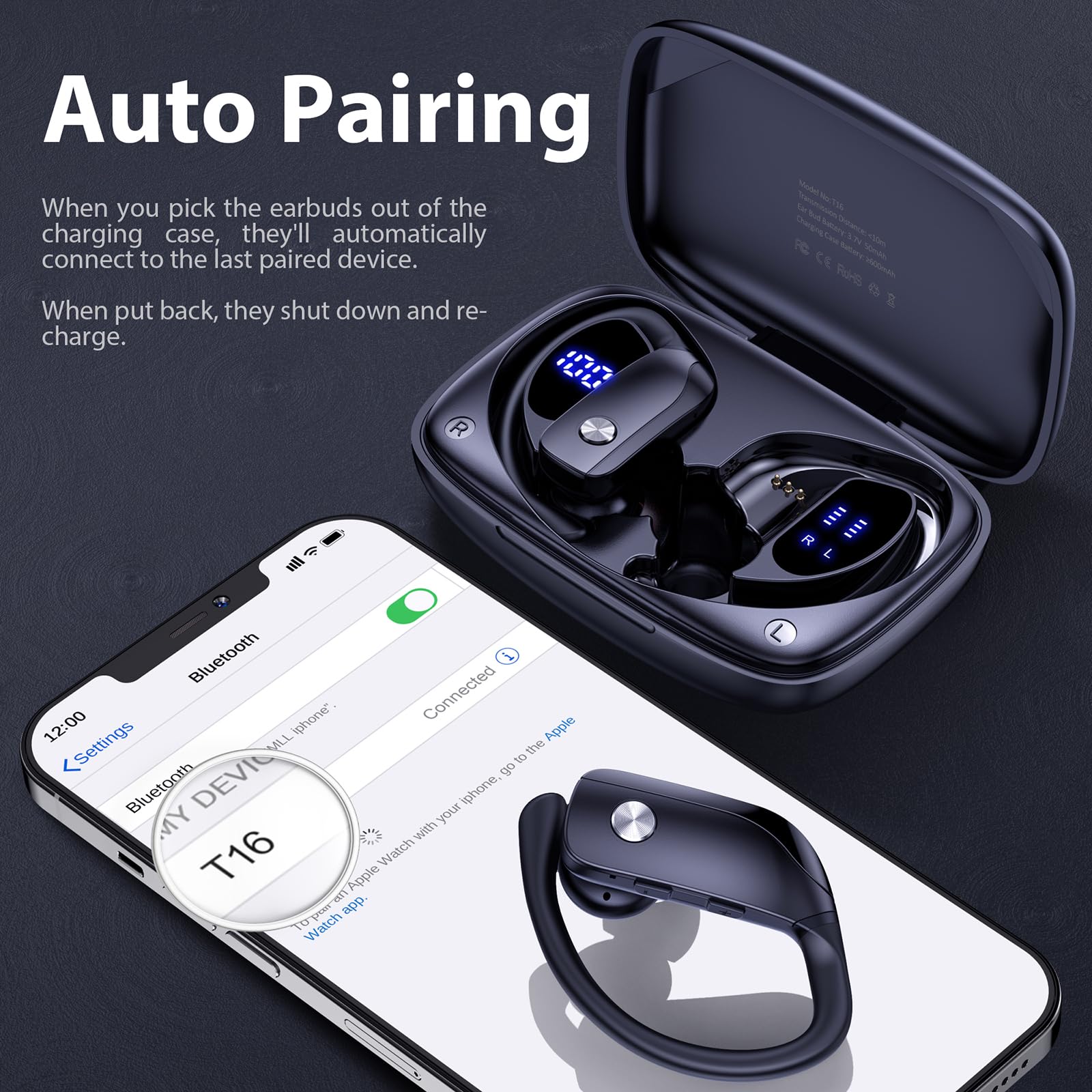 Bmanl Wireless Bluetooth Earbuds - 48H Playback Sport Headphones with LED Display, Over-Ear Design & Built-in Mic - Perfect for Workouts, Running & Gym - Black