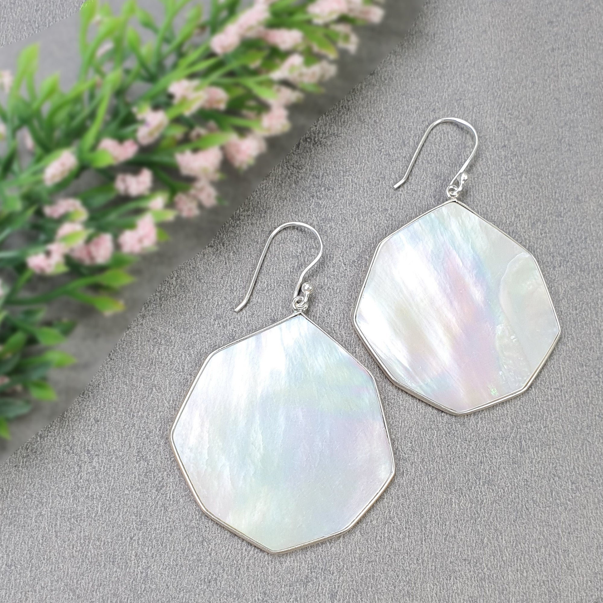 925 Sterling Silver Natural White Mother of Pearl Hexagon Drop Dangle Earrings - Minimalist Fine Jewelry for Women, Gift for Her - Perfect for Weddings, Parties & Everyday Wear