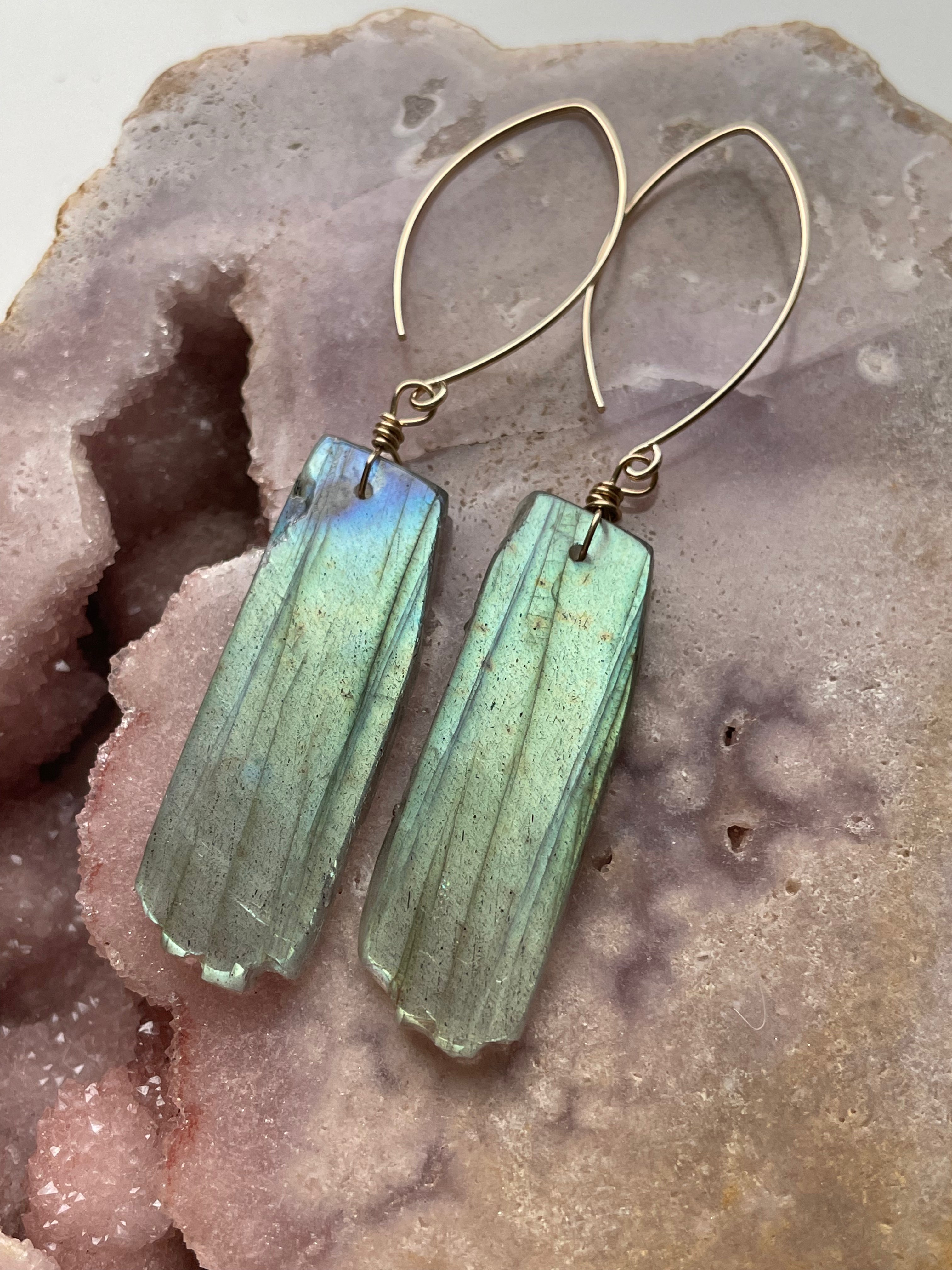 Gold Labradorite Dangle Drop Crystal Earrings for Women - Elegant Gemstone Jewelry for Party, Wedding & Evening Wear