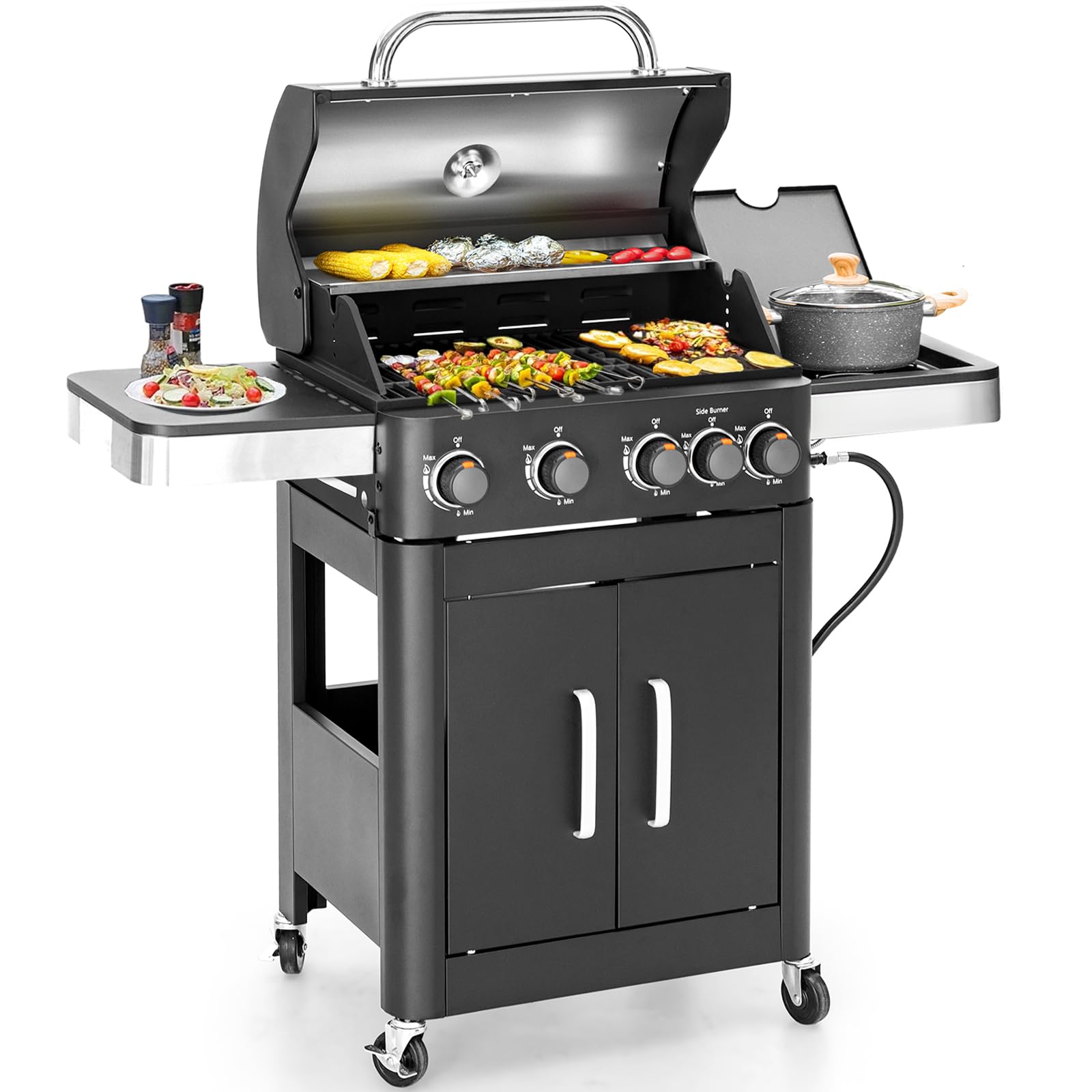 2 in 1 Propane Gas BBQ Grill with Side Burner & Porcelain-Enameled Cast Iron Grate - 4-Burner Flat Top Grill, 46,700 BTU Outdoor Barbecue Griddle Combo - Perfect for Camping, Patio, Backyard, Tailgating & Family Gatherings