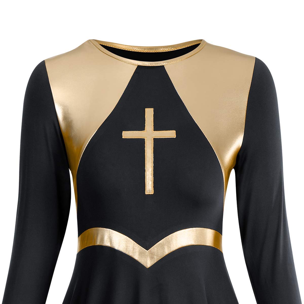 Metallic Cross Praise Dance Dresses for Women - Liturgical Worship Long Sleeve Flowy Dress - Perfect for Church Performances, Gospel Choir & Spiritual Dance Events