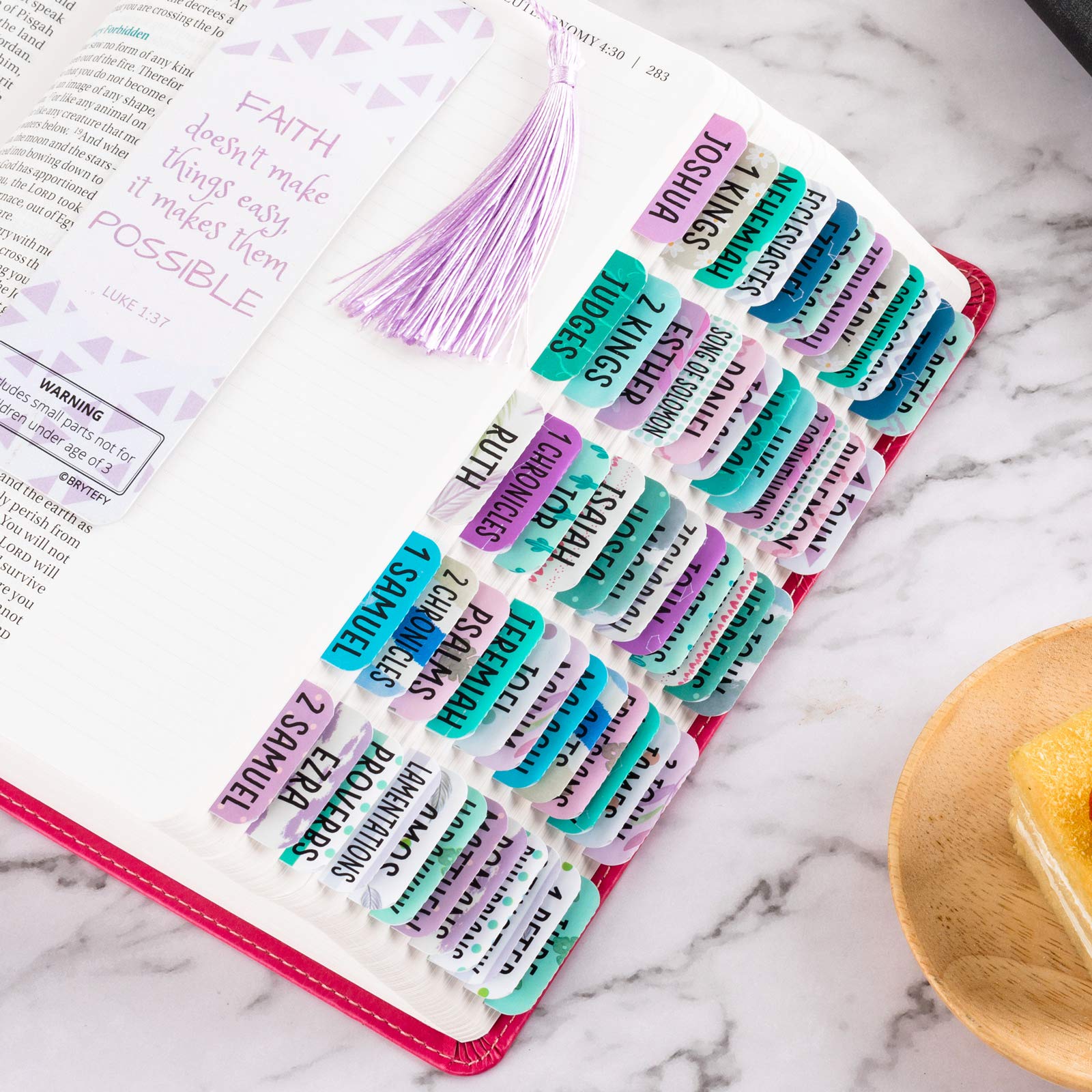Large Print Laminated Bible Tabs for Women & Girls - 90 Colorful Old & New Testament Tabs with 24 Blank Tabs - Easy to Read Christian Gift for Bible Journaling, Study & Devotional Time