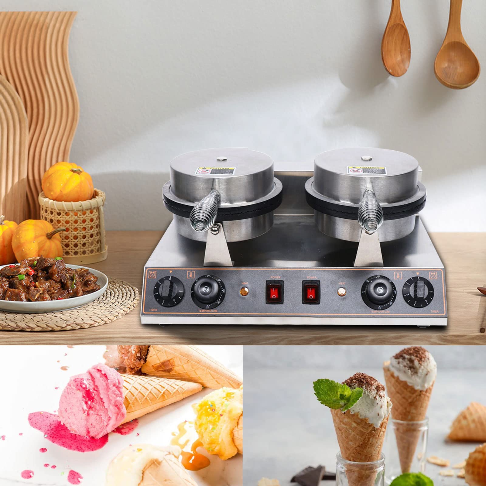 Electric Waffle Cone Maker Machine - Double Head Nonstick Stainless Steel Ice Cream Cone Baker for Commercial Restaurant, Dessert Shop & Home Use | Perfect for Making Crispy Waffle Cones, Ice Cream Bowls & Sweet Treats