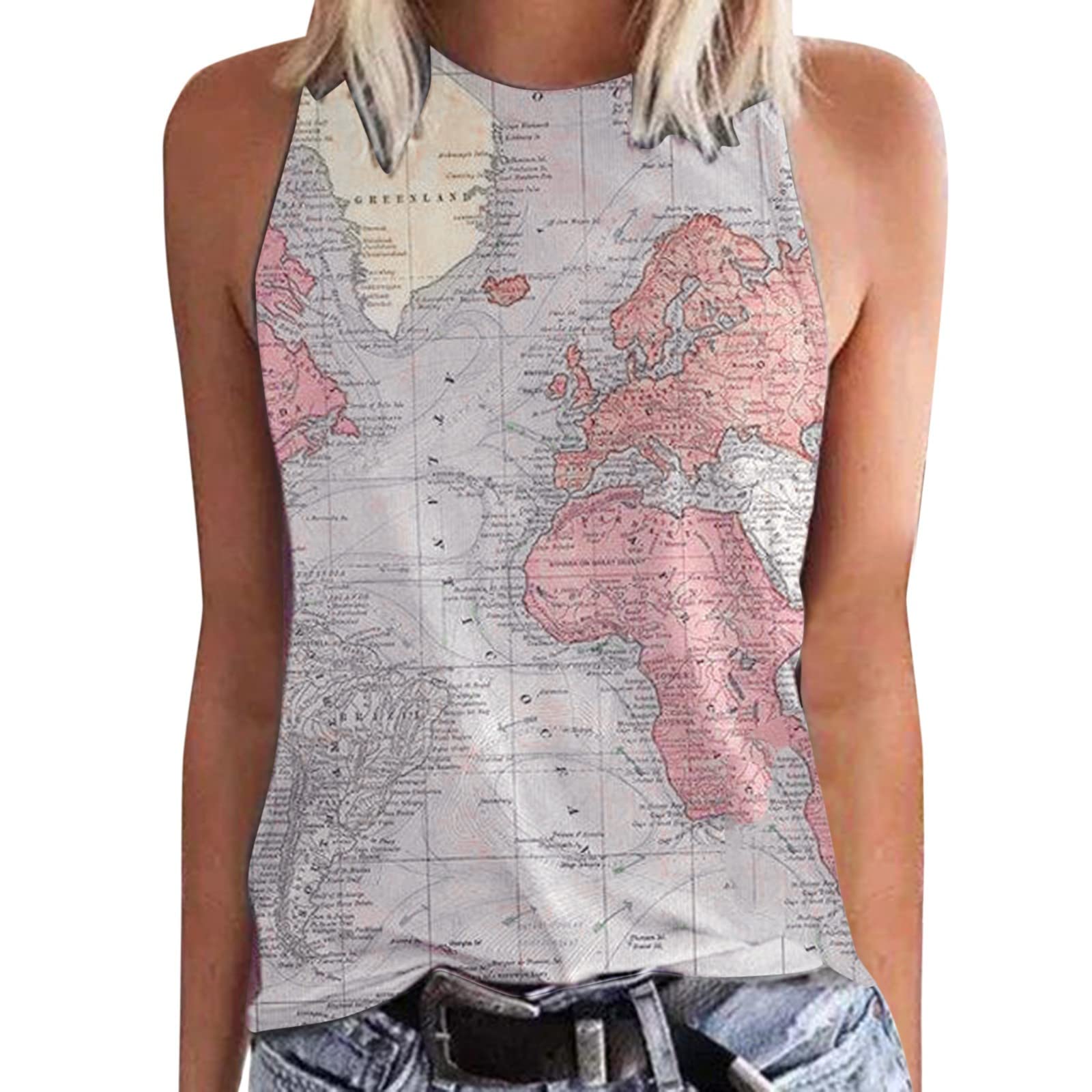 Smooto Plus Size Women's V-Neck Sleeveless Tunic Tank Top - Flowy Printed Summer Blouse in Pink (Size S) | Casual Wear, Beach Outfits & Summer Fashion