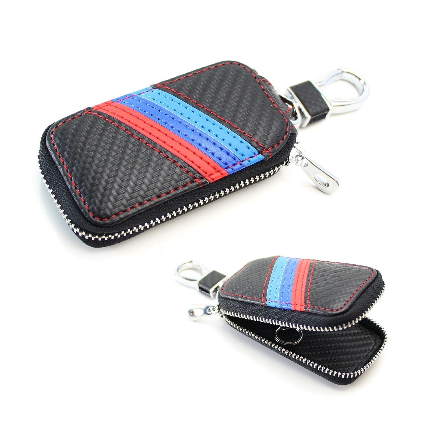 BMW Key Holder Cover - Carbon Fiber Pattern with Colored Stripes, Durable Leather Key Case for BMW Enthusiasts | Perfect for Car Keys, Home & Office Use