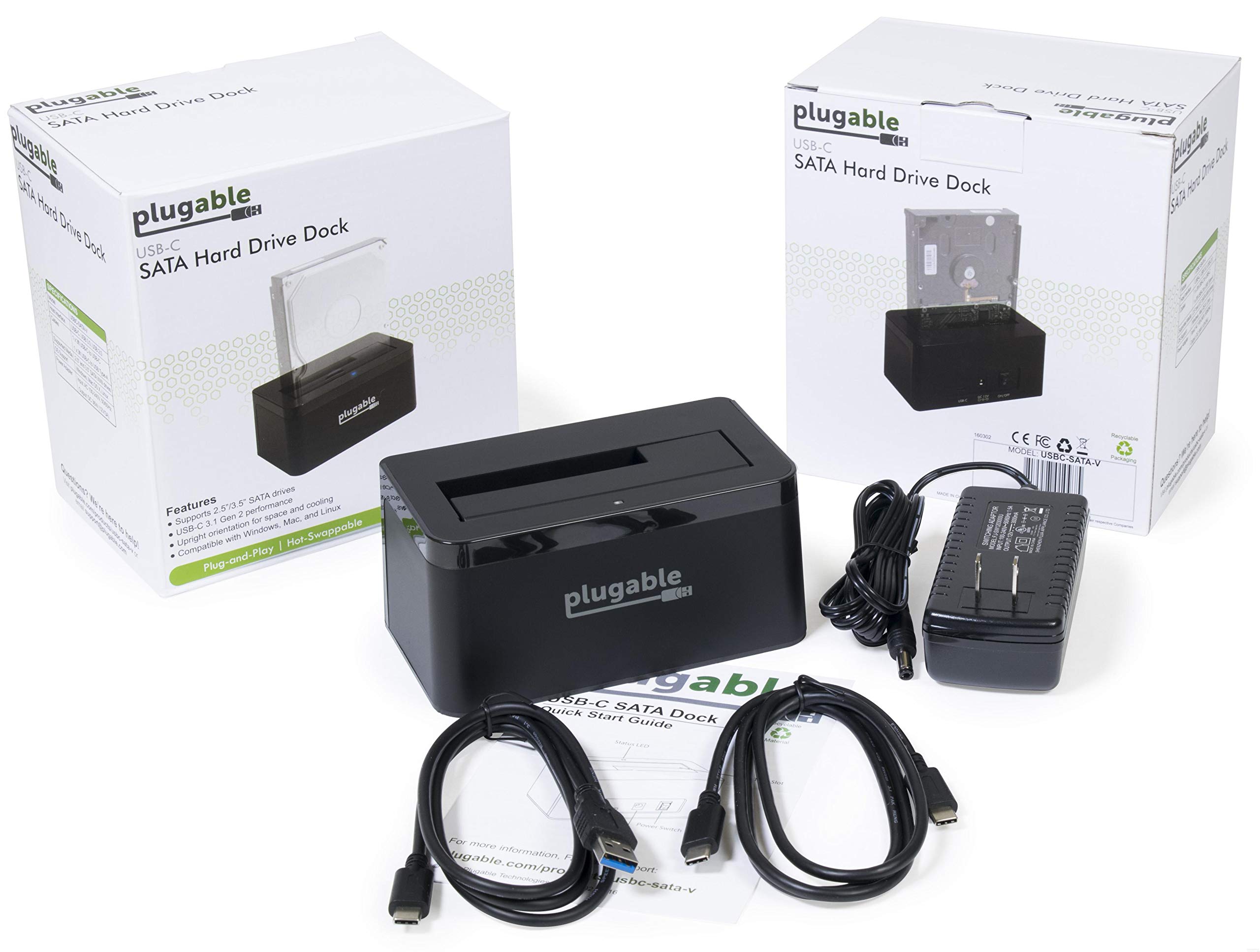 Plugable USB 3.1 Gen 2 10Gbps SATA Hard Drive Dock & SSD Enclosure - Tool-Free Upright Design - Supports 10TB+ HDD/SSD - Includes USB-C & USB 3.0 Cables - Driverless Plug & Play for Windows/Mac/Linux - Perfect for Data Backup, File Transfer & External Storage Expansion