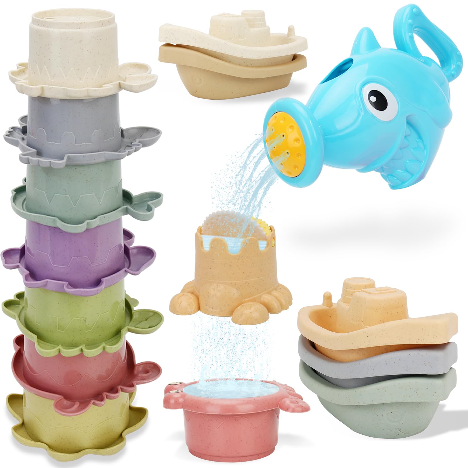 **14-Piece Toddler Bath Toys Set for Kids Ages 1-3 – Shark Shower, 5 Toy Boats & 8 Bath Cups – Fun Water Table & Bathtub Toys for Boys & Girls – Perfect Baby Pool & Bath Time Play Gifts**    *(Ideal for bathtime fun, outdoor water tables, baby pools, and sensory play – encourages motor skills and imaginative play!)*
