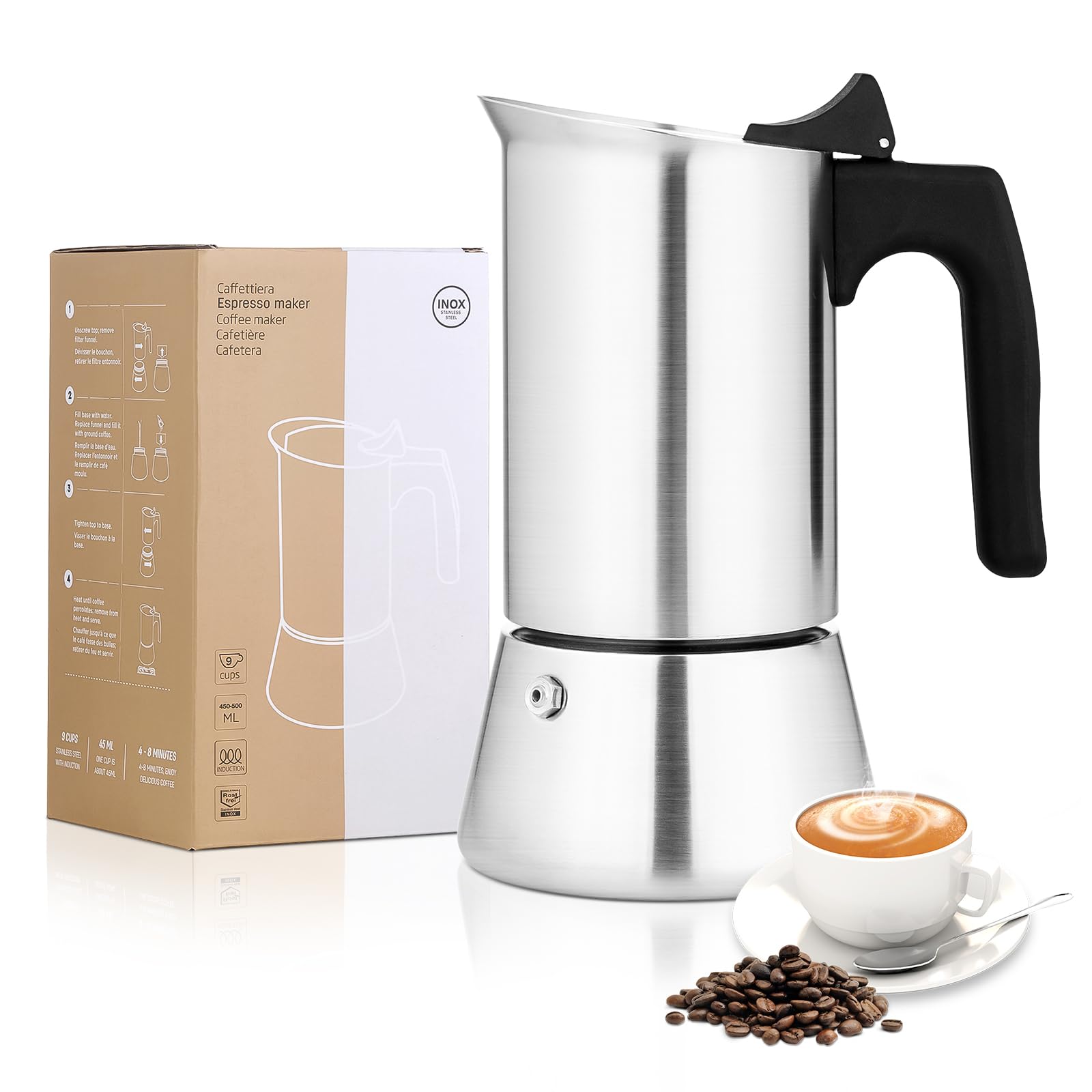 Stovetop Espresso Maker - 9 Cup Moka Pot (450ml/15oz) Stainless Steel Italian Coffee Maker for Induction Cooktops & Gas Stoves | Perfect for Home, Camping & Outdoor Use | BPA-Free & Durable Design