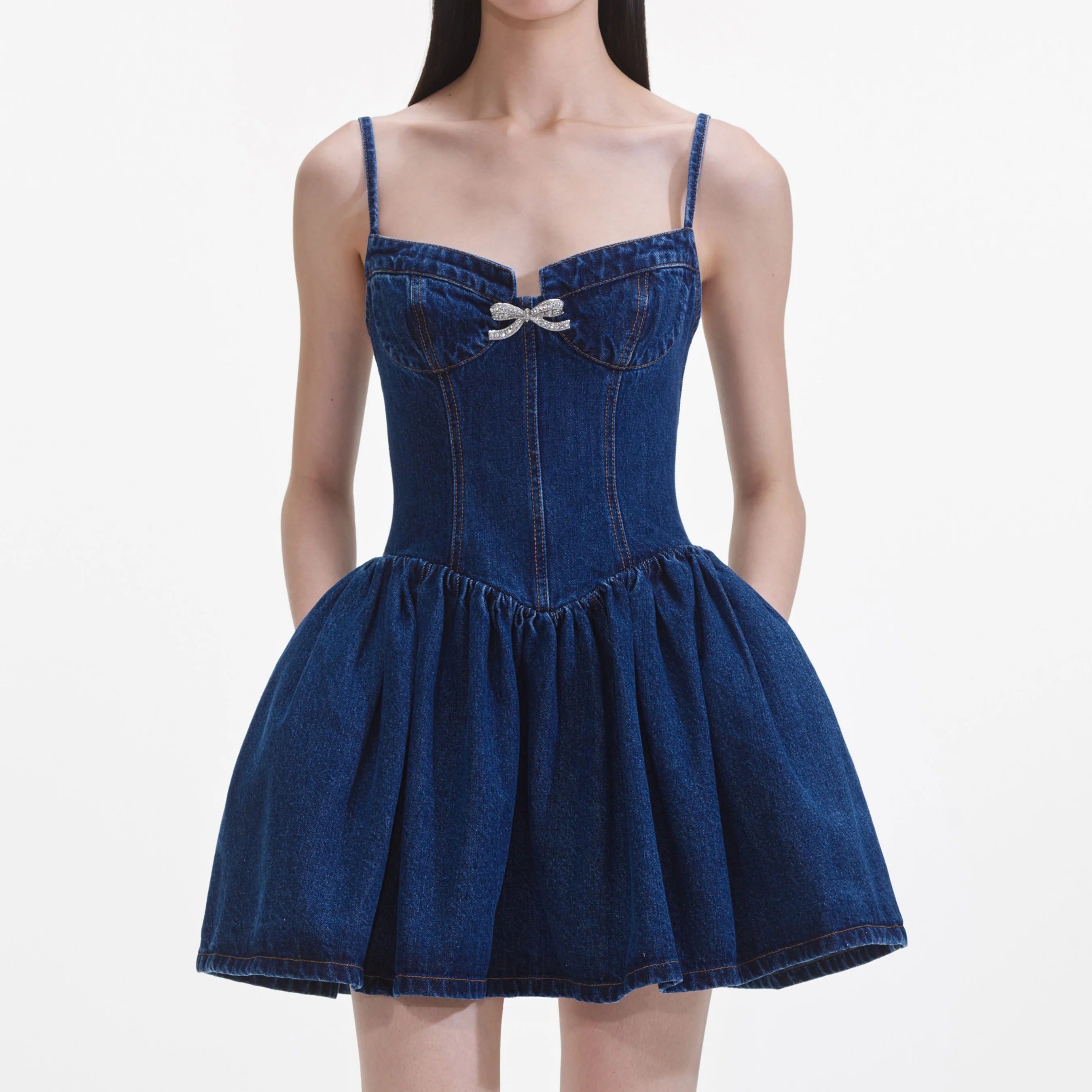 Sparkling Denim Mini Dress with Diamante Bow - Sweetheart Neckline for Party & Night Out | Elegant & Sexy Women's Fashion