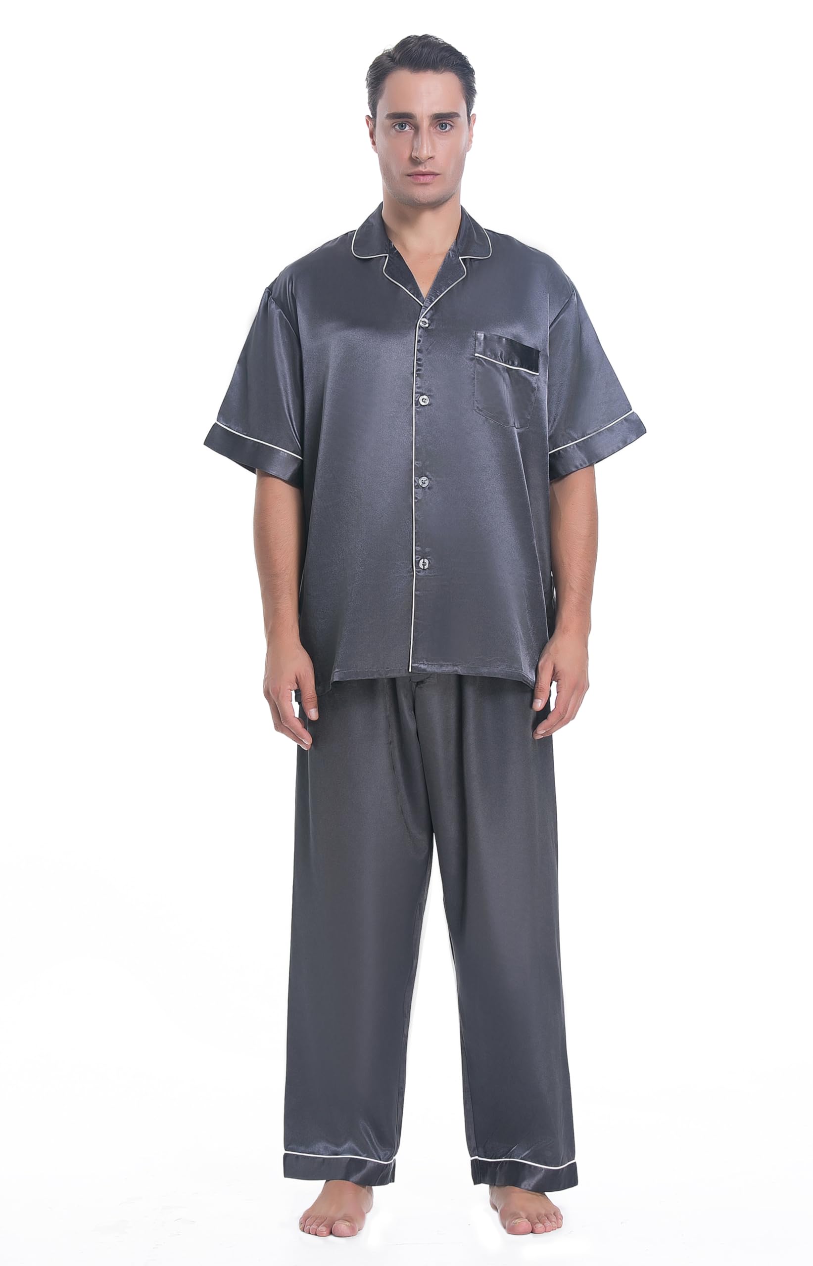 Lavenderi Men's Short Sleeve Silk Satin Pajama Set - Soft & Breathable Sleepwear for Lounge & Nightwear - Perfect for Home Relaxation, Vacation & Gift Giving