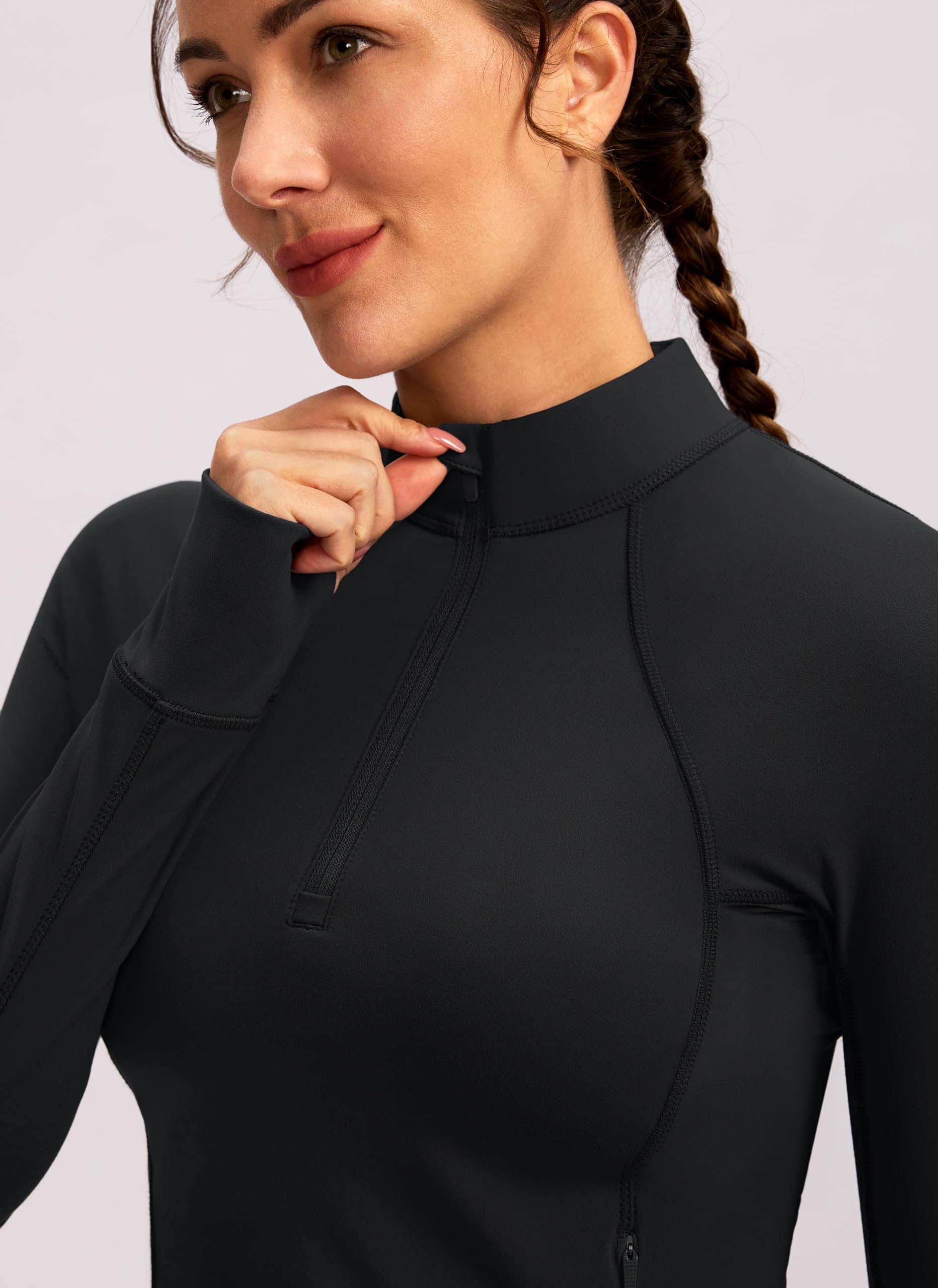 Soothfeel Women's Half Zip Cropped Workout Top - Long Sleeve Yoga Shirt with Pocket for Running, Gym & Athletic Wear - Perfect for Yoga, Pilates & Outdoor Activities