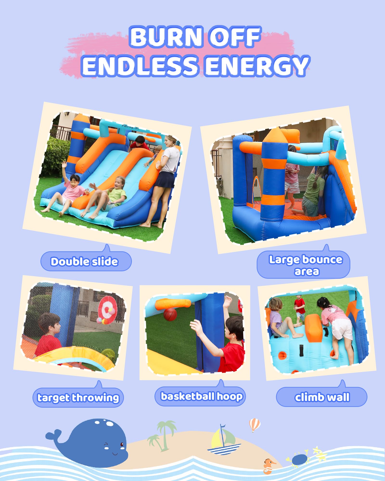 **AirMyFun Inflatable Bounce House with Double Slide & Basketball Hoop - Kids Indoor/Outdoor Jumping Castle for Backyard Parties, Birthday Events & Playtime Fun**