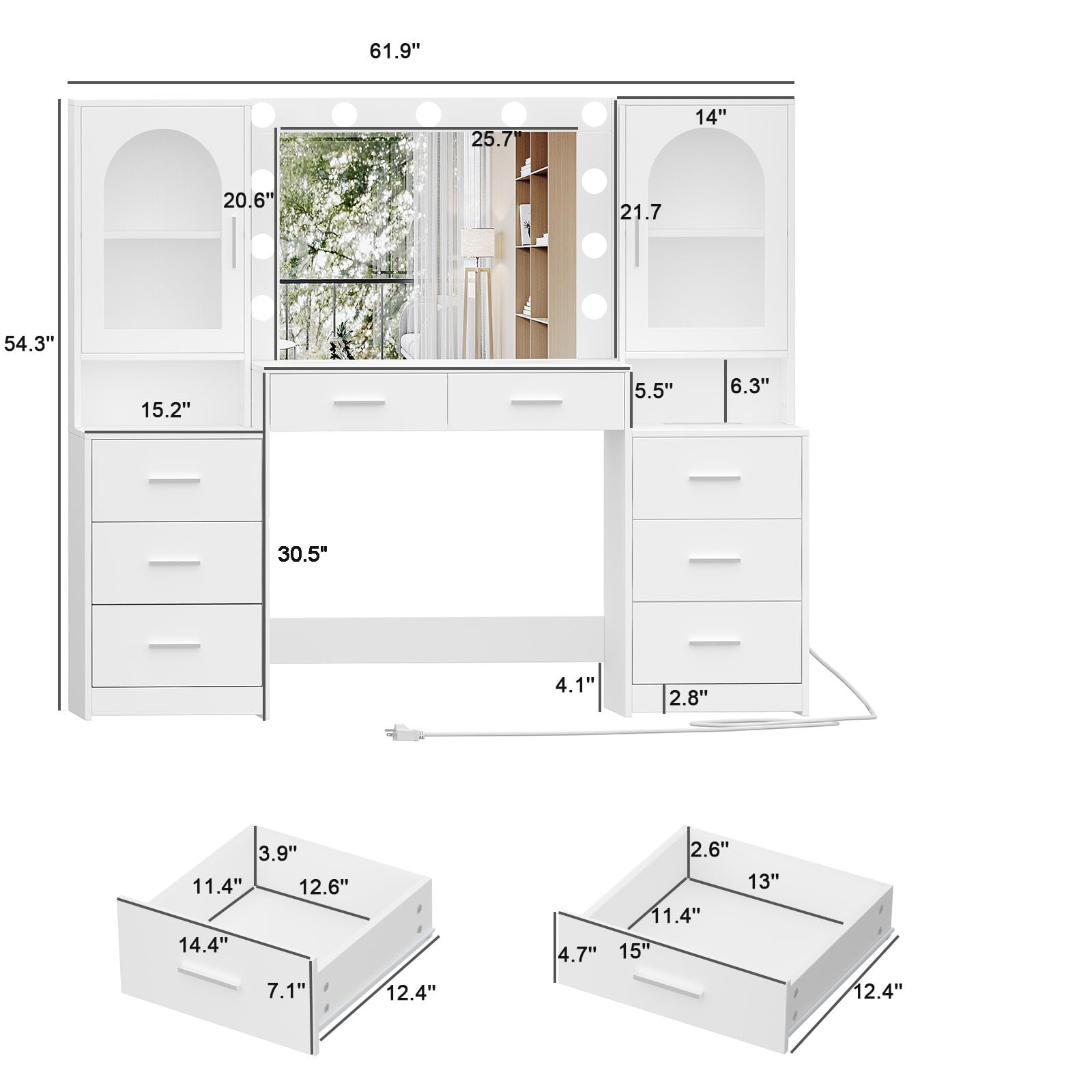 Rovaurx 61.9 Inch White Vanity Desk with LED Mirror & Charging Station - Large Makeup Dressing Table with 8 Drawers, Side Cabinet & 3 Light Modes - Perfect for Bedroom, Dressing Room & Beauty Salon Organization