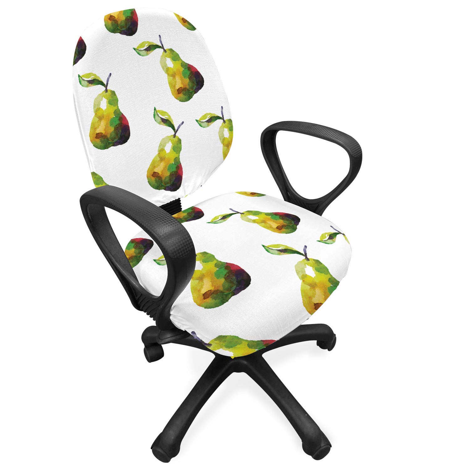 Ambesonne Watercolor Office Chair Slipcover - Delicious Pear Fruits Art Print Stretchable Washable Fabric Cover, Standard Size Green & Yellow - Home Office Decor, Desk Chair Cover for Living Room & Study