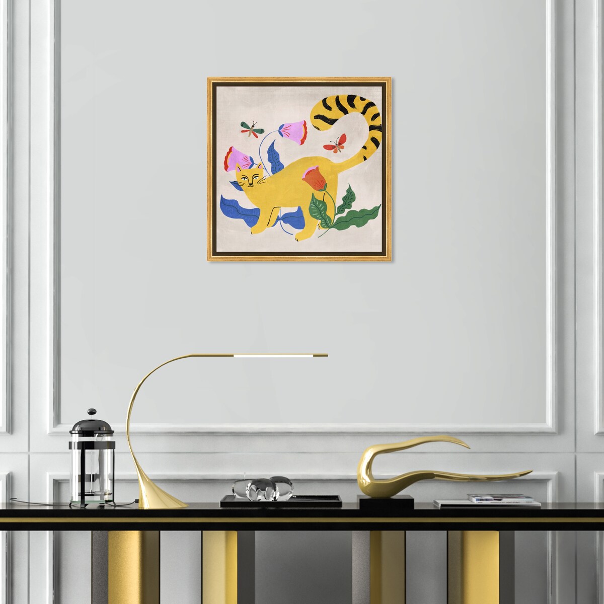 Blonde Tabby Floral Kitten Butterfly Garden Modern Yellow Framed Canvas Wall Art Print - Home Decor for Bedroom, Living Room & Nursery