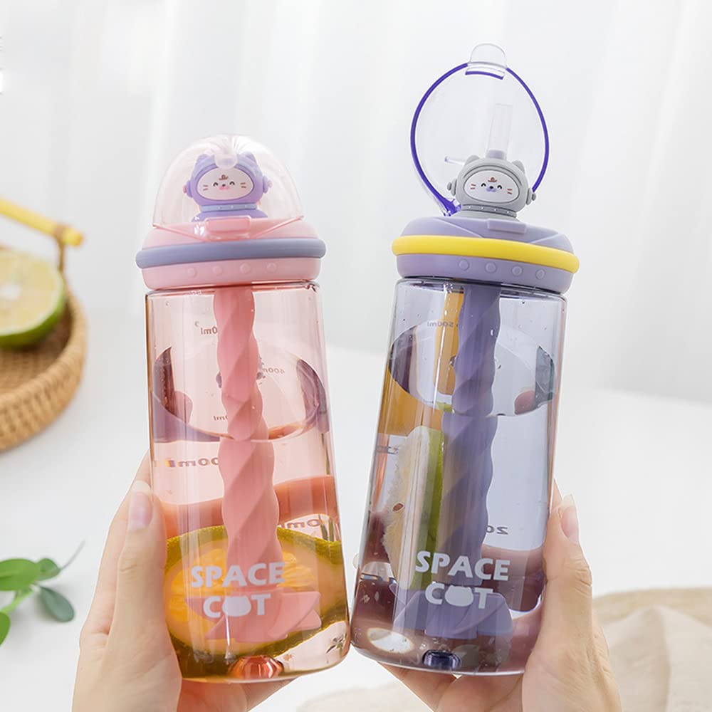 Cute Kawaii Water Bottle with Straw - 580ml Sport Plastic Portable for Girls - Juice & Tea Cup for School, Gym, Travel (Purple)