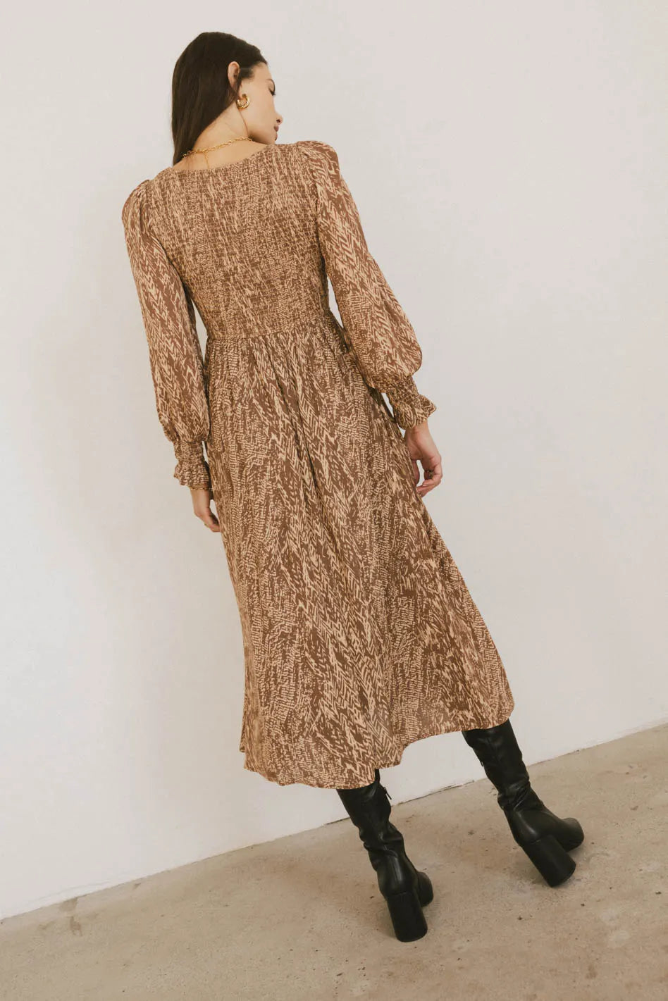 Justice Abstract Print Midi Dress in Brown - Boho Chic Flowy Dress for Women | Perfect for Casual Outings, Parties & Summer Vacations