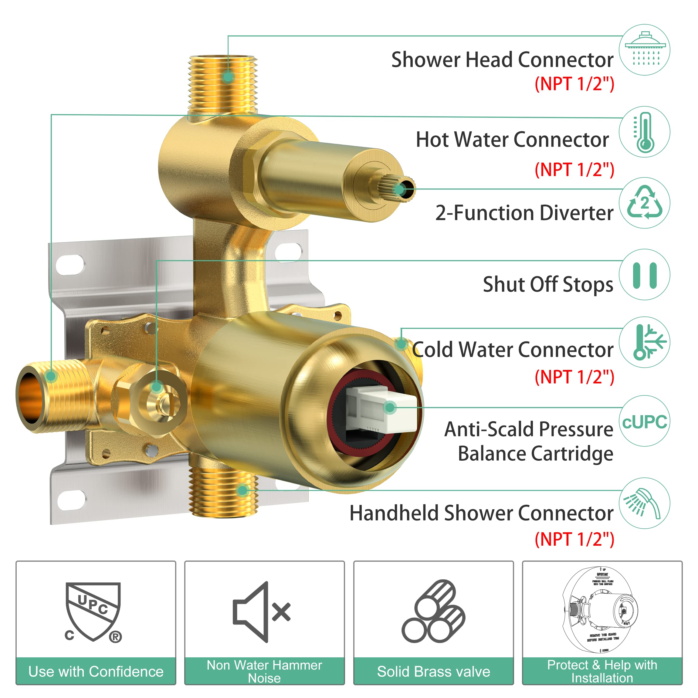 SR SUN RISE 12 Inch High Pressure Shower Head System - Brushed Gold Multifunctional Shower Faucet with Handheld Spray & Valve - Perfect for Bathroom, Spa & RV Use