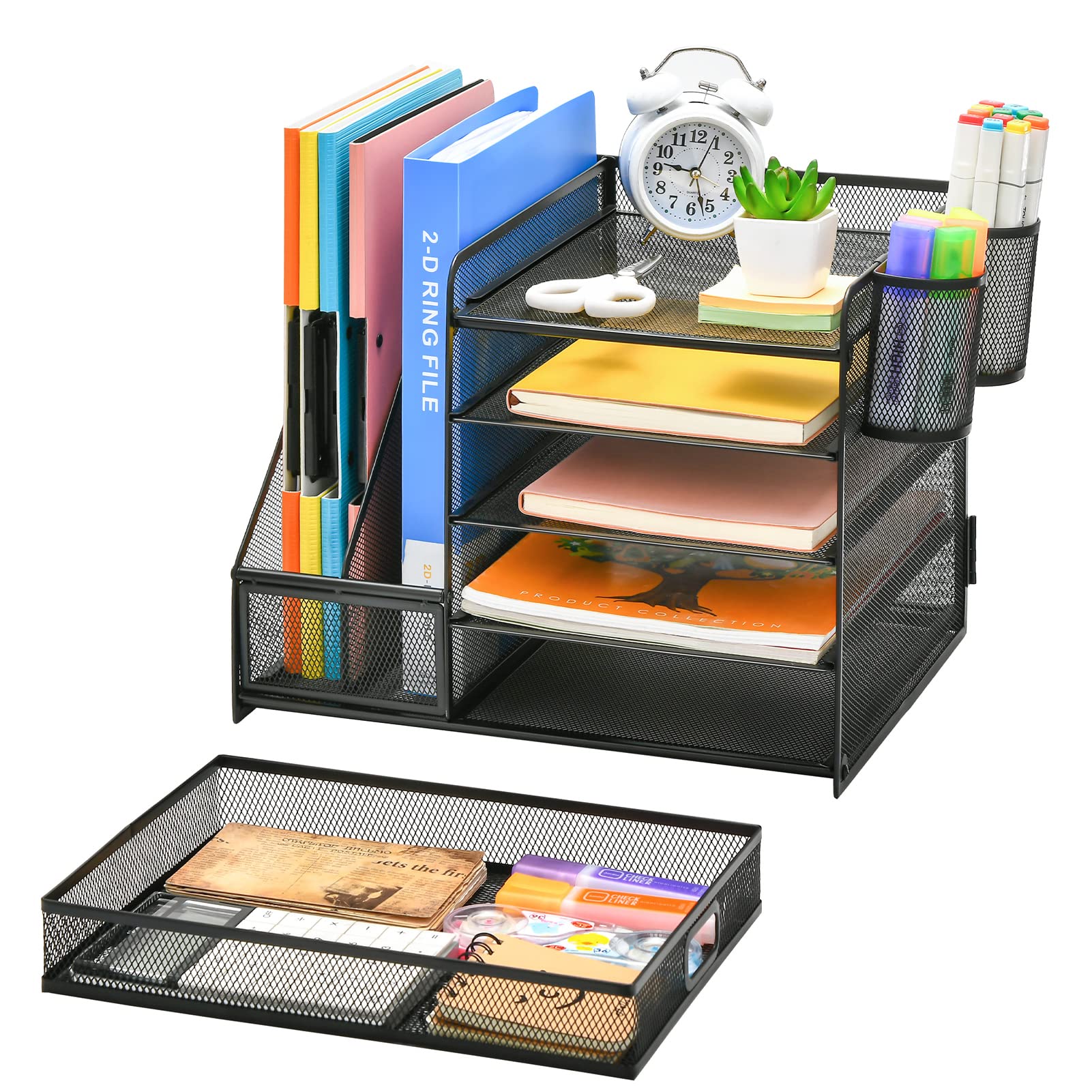 5-Tier Mesh Desk Organizer with File Holder, Drawer & Pen Holders - Black Office Storage Solution for Paper, Magazines & Supplies | Perfect for Home Office & Workspace Organization