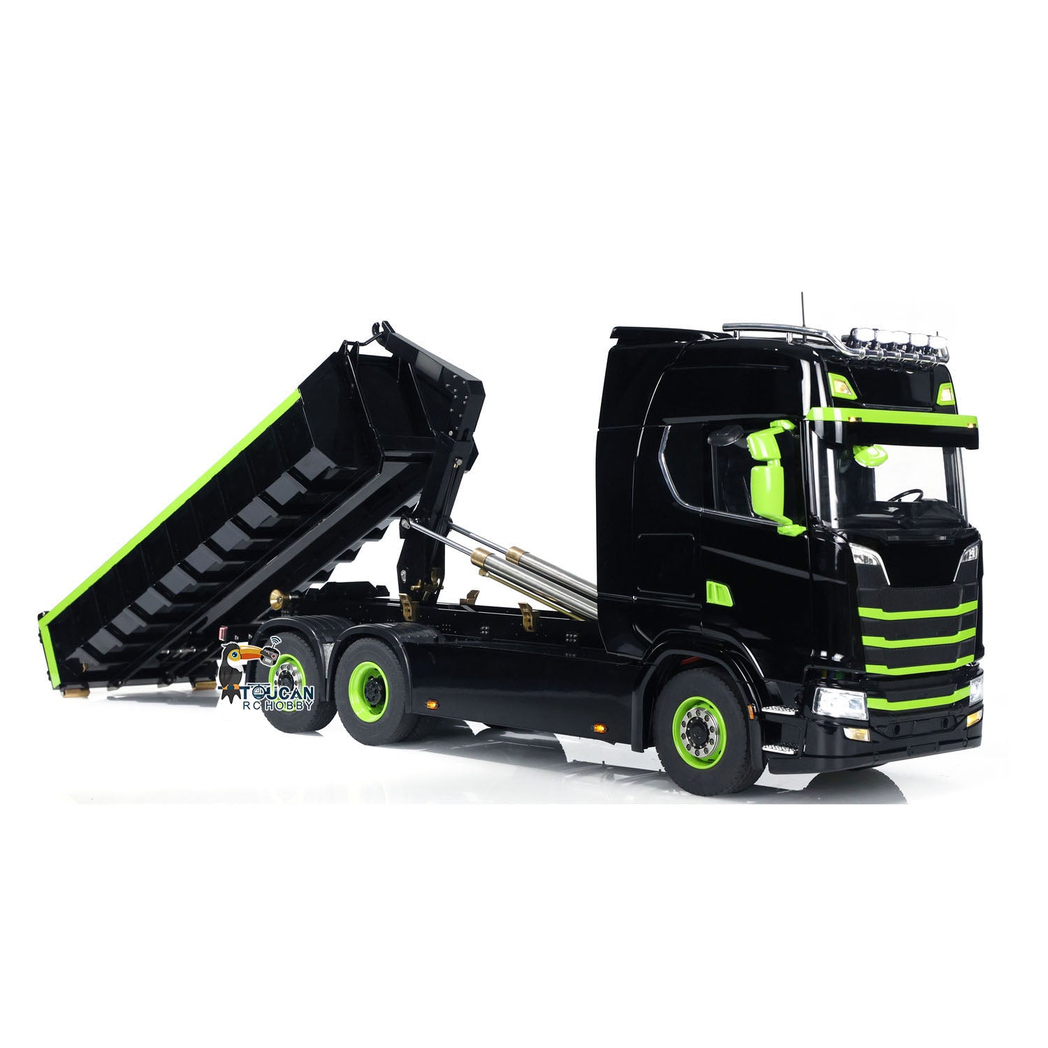 1/14 Scale 6x6 Hydraulic RC Dump Truck - Metal Radio Controlled Roll Off Dumper with Rear Axle Lifting, 3-Speed Transmission & LED Light System - Perfect for Construction Site Play, Off-Road Adventure & Collectors Display